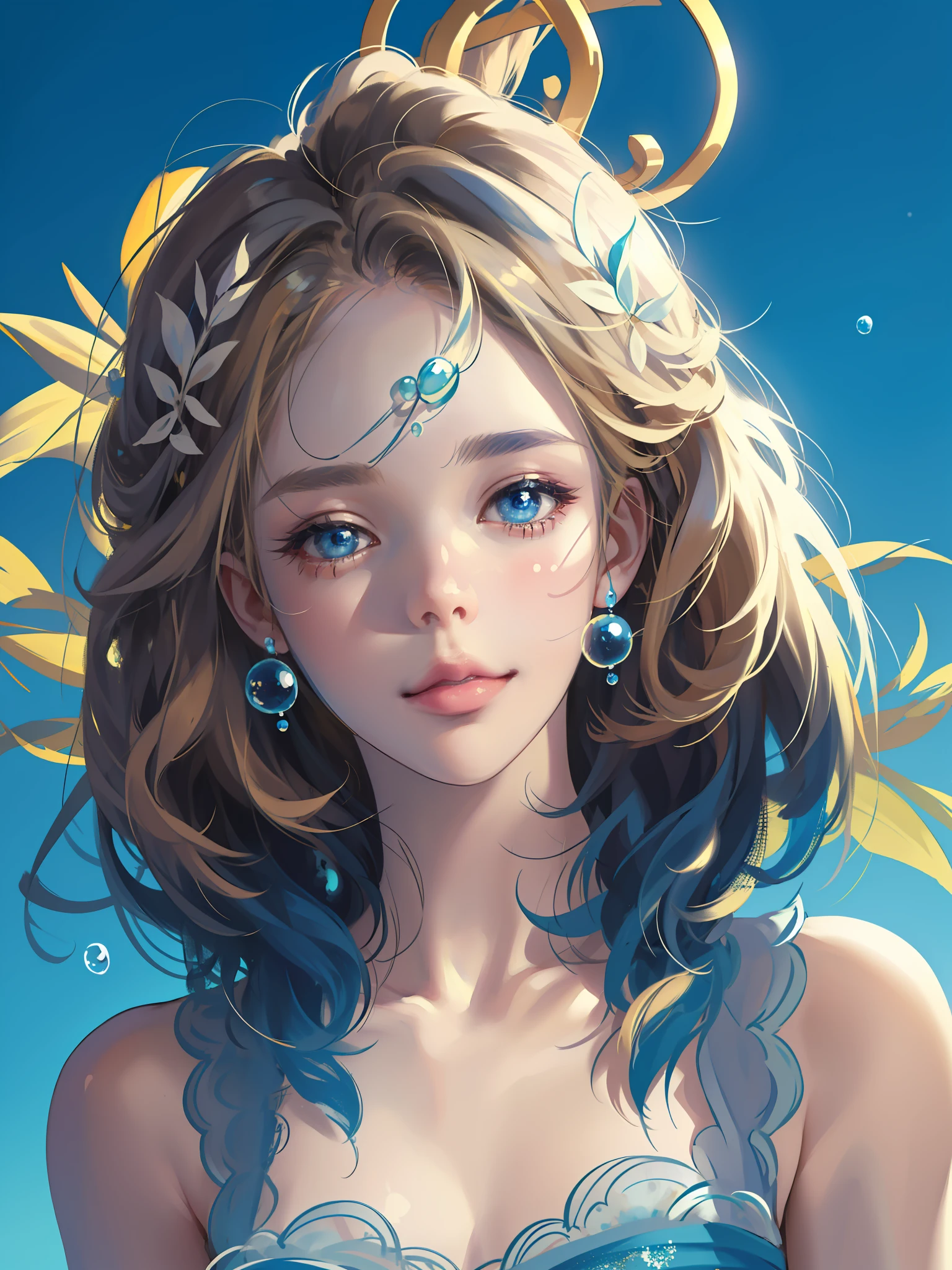 ((Masterpiece)), high quality, super detailed, blonde hair + blue clothing: 1.2, sweet and delicate girl, delicate facial features, perfect figure, bubbles around, bright bright colors, pearl white background, romantic long hair, natural light, warm and sweet, blue eyes, gorgeous hair decoration.