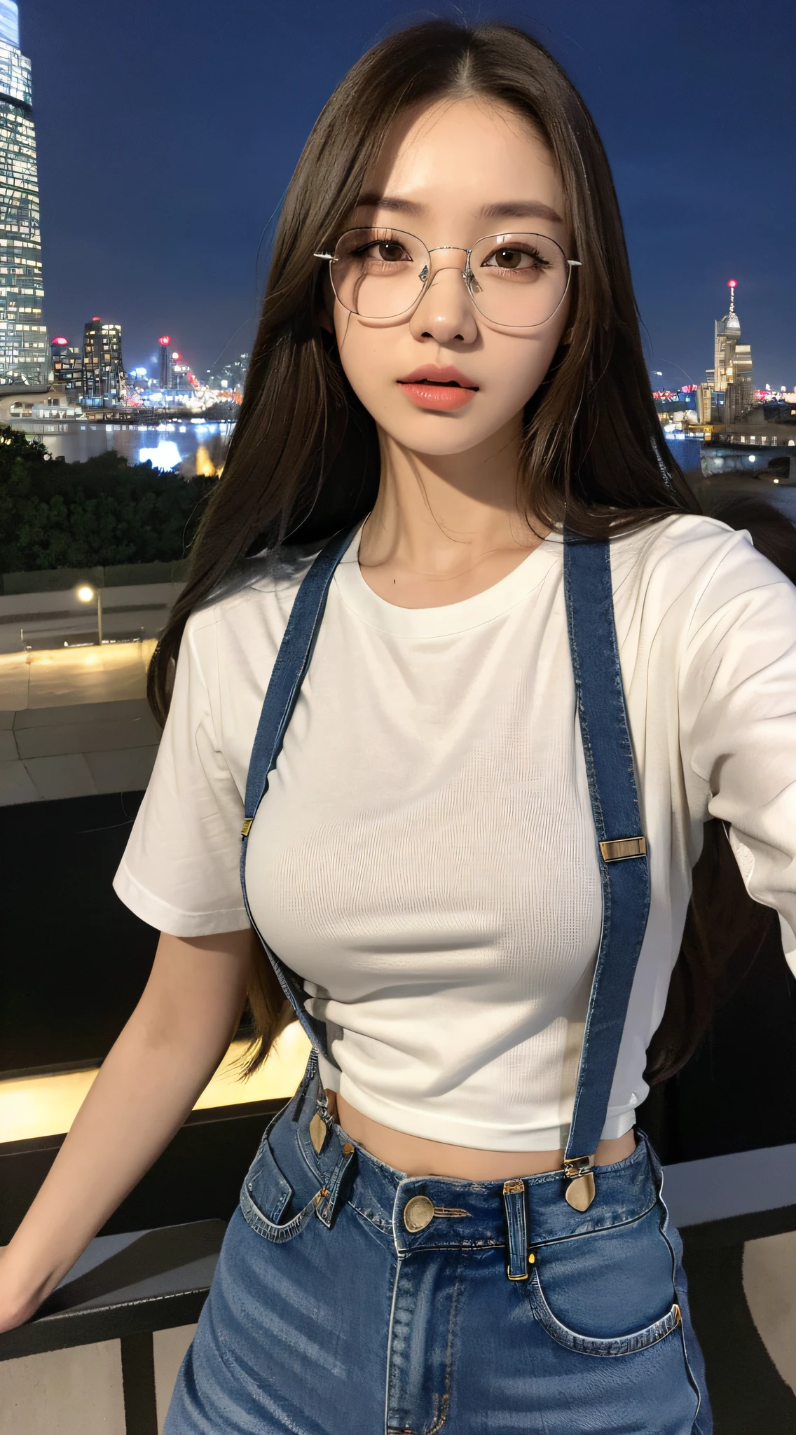 (Midnight, Excellent, 8K, Masterpiece:1.3)), Full body, Long legs, Focal length: 1.2, Perfect Body Beauty: 1.4, Slim Abs: 1.1, ((Dark Brown Hair, Big Breasts: 1.2 )), (White Skinny T-shirt, Denim Suspenders, Standing: 1.2), ((City Night View, Roof: 1.3)), Highly detailed face and skin texture, Detailed eyes, Double eyelids, Silver glasses, Long flowing hair
