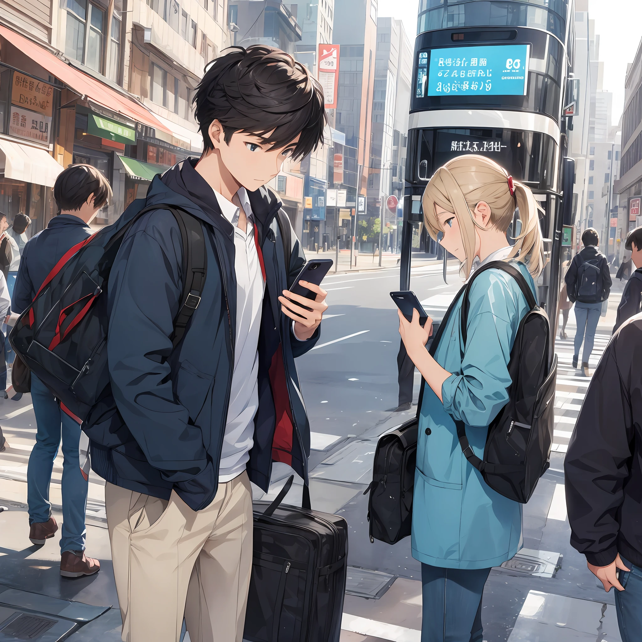 One, handsome high school boy, is checking mobile phone information, background is street, close-up