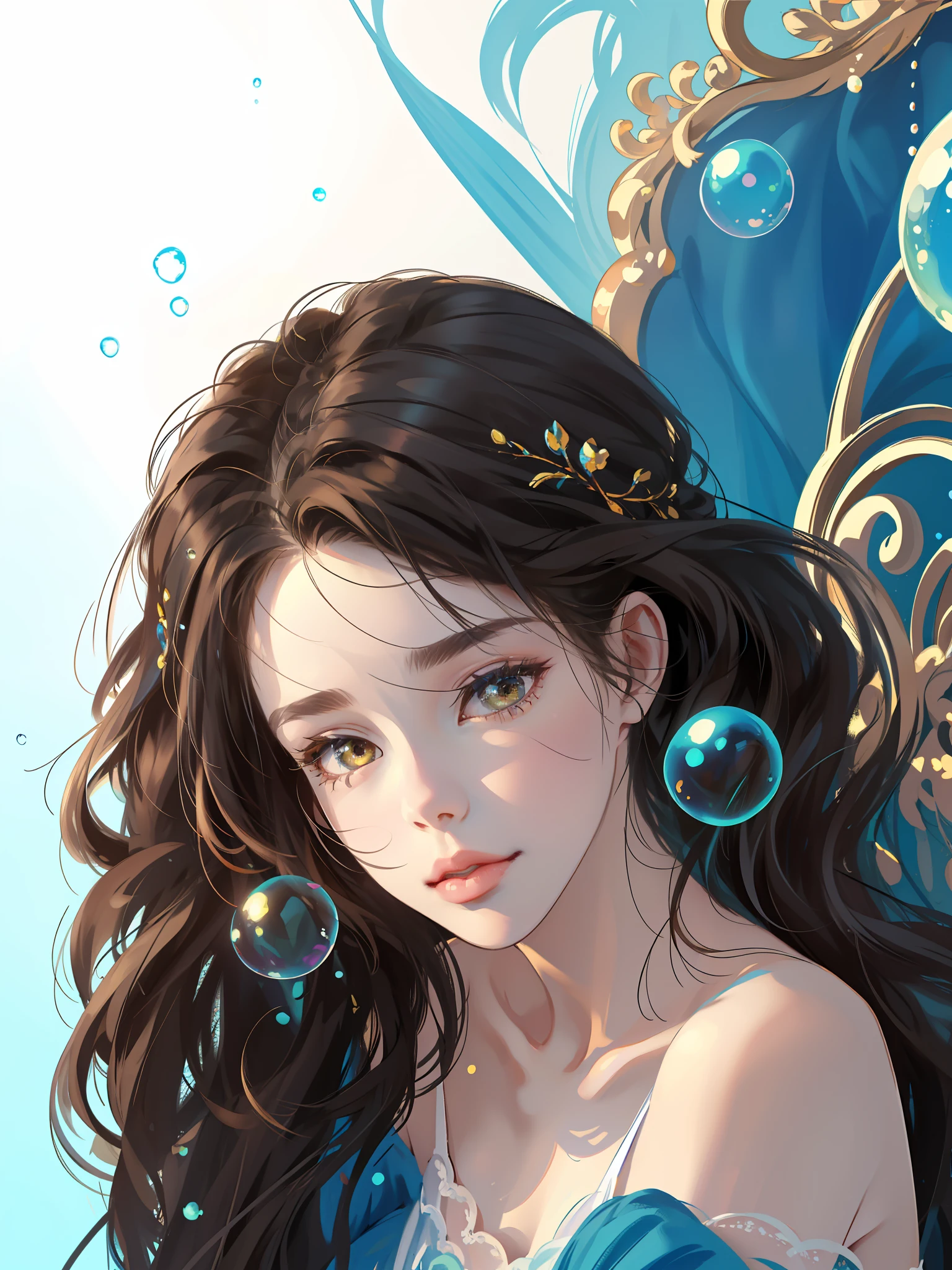 ((Masterpiece)), high quality, super detailed, black hair + blue clothing: 1.2, sweet and delicate girl, delicate facial features, bubbles around, bright bright colors, pearl white background, romantic long hair, natural light, warm and sweet, brown eyes, pearl hair accessories, gorgeous hair decoration.