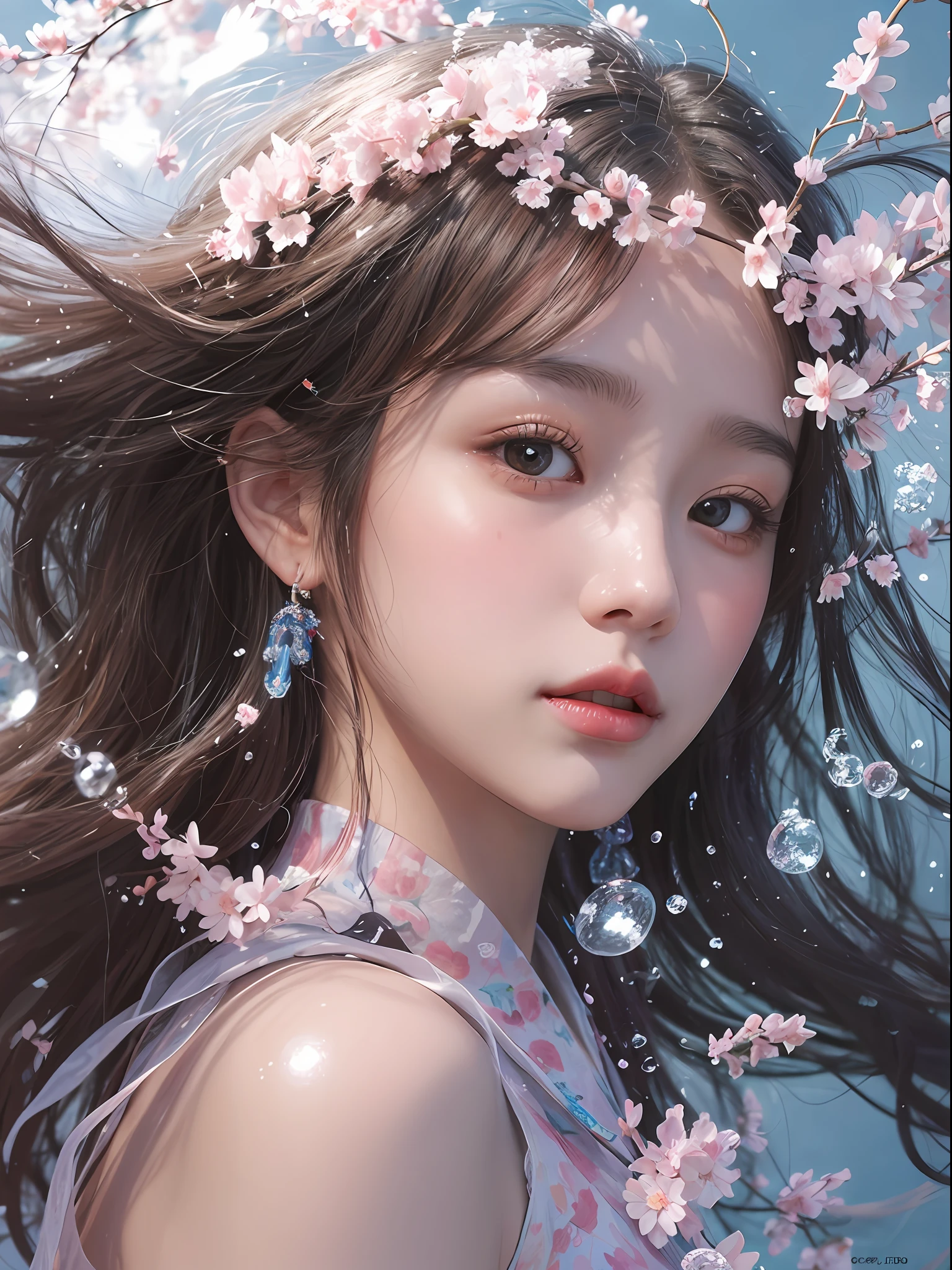 Anime girl long hair and pink flowers floating in water, water droplets, blisters, bubbles, inspired by Cheng Yanjun, Guwiz style artwork, by Cheng Yanjun, Gu Viz, beautiful artwork illustration, Yan Juncheng, Li Song, Yang J, beautiful digital illustration, Chen Lin, beautiful digital artwork, beautiful digital illustration, Guwiz masterpiece