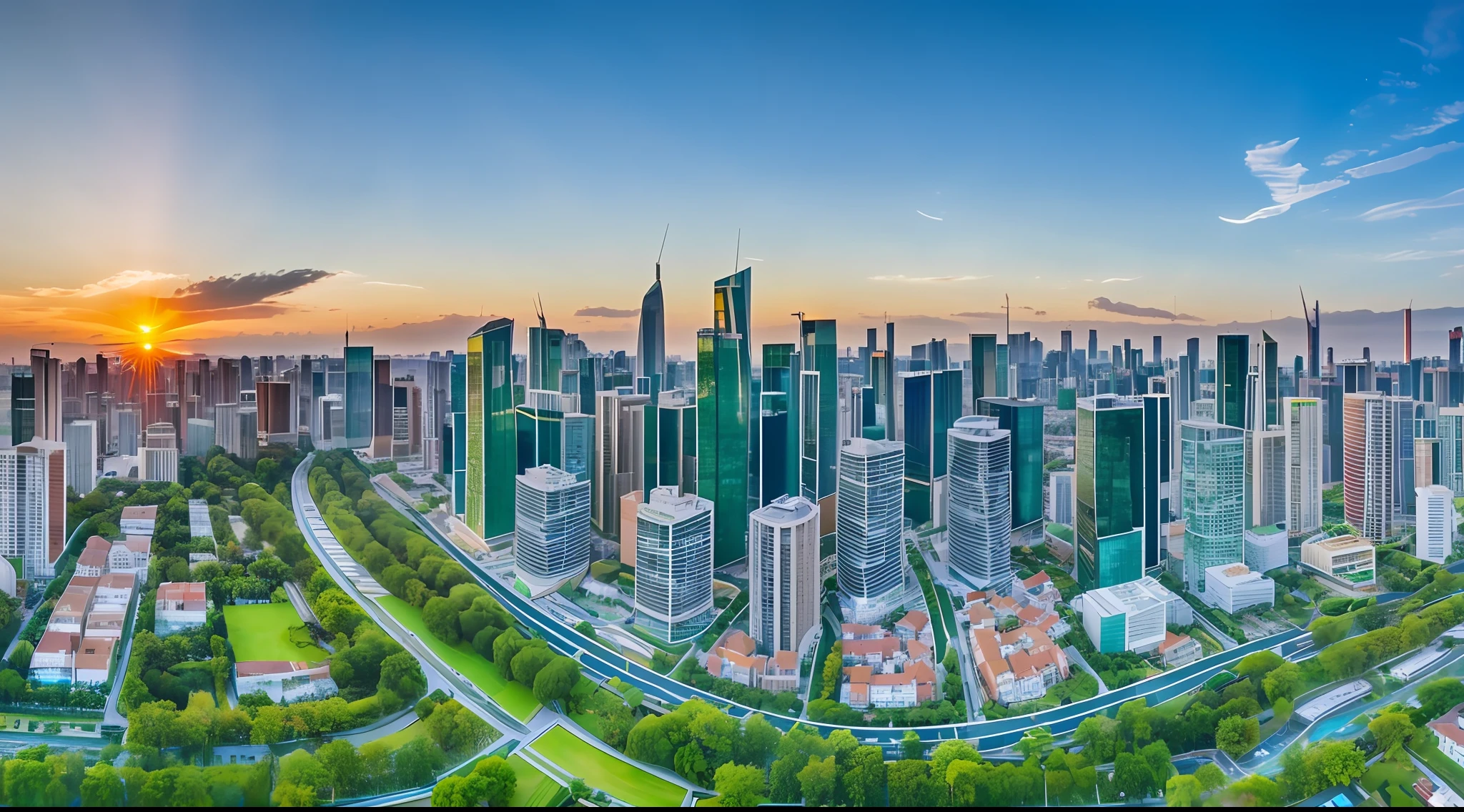 Aerial view, green cityscape, harmonious myriad cityscape, low-rise building landscape, contemporary cityscape (vivid, photorealistic, realistic, dramatic, yap focus, 8K) ultra-detailed depiction, sunrise, buildings of various shapes, buildings that are not buildings