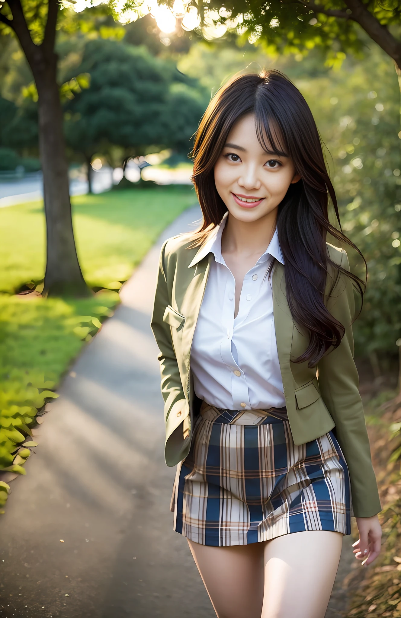 Realistic, solo, beautiful Japan woman, refreshing shirt and skirt, natural figure, sweet smile, rough hairstyle not set, sensual expression, soft sunlight at sunset, park at dusk with no one, in the shade of trees, (((seductive pose)), (open libido)))), professional photographer, shallow depth of field,