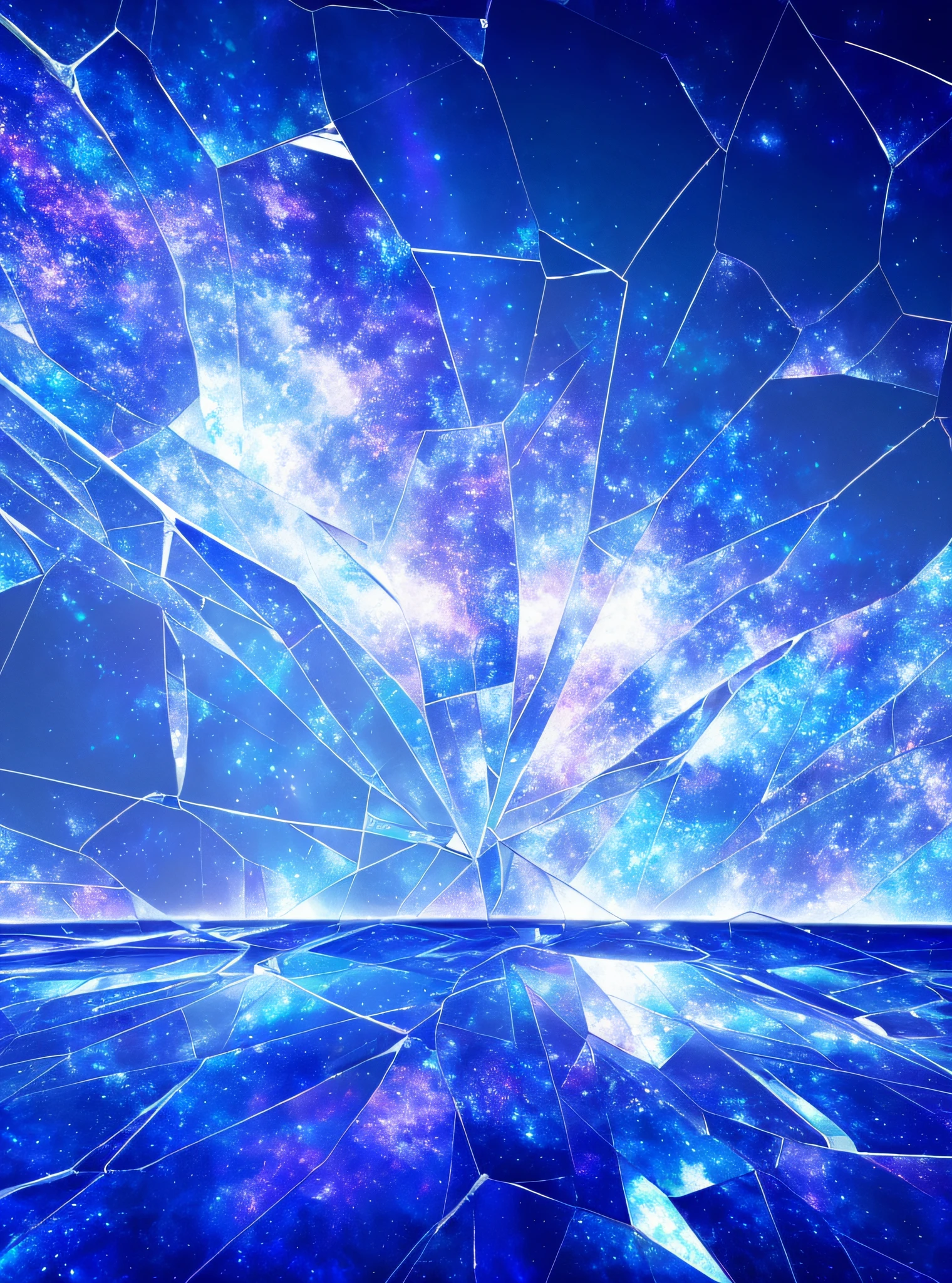 a close up of a cracked glass window with a sky background, shattered glass ( ( sunbeams ) ), in the astral plane ) ) ), wallpaper anime blue water, endless cosmos in the background, magnificent background, anime background art, shards and fractal of infinity, anime abstract art, fractured reality, shattered glass, science fiction digital art, cracking glass through reality, anime background