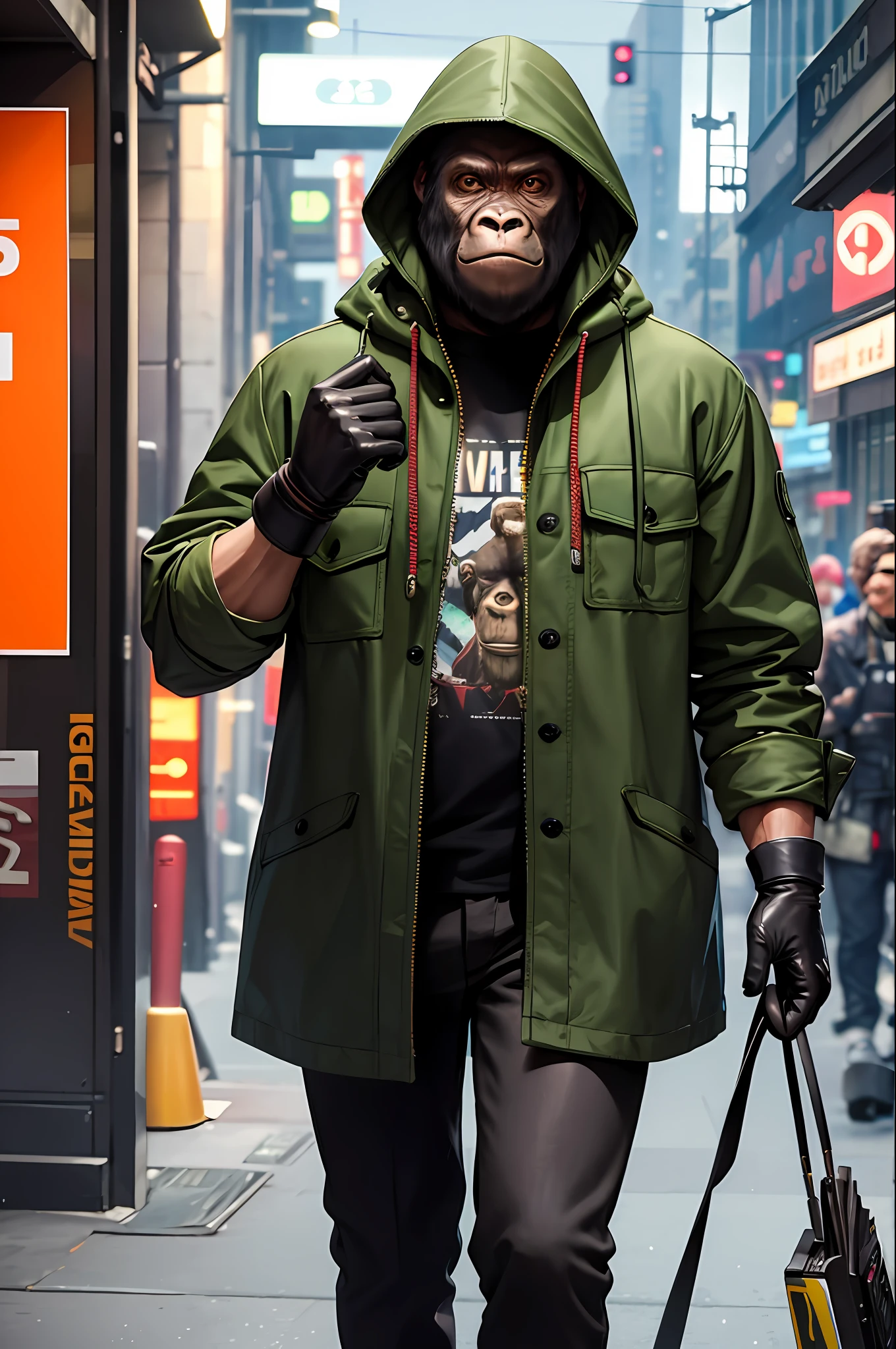 masterpiece, best quality, photorealistic ,fashionmonkey, gorilla, blurry, book, cable, cyberpunk, gloves, green coat, holding, hood, solo,
