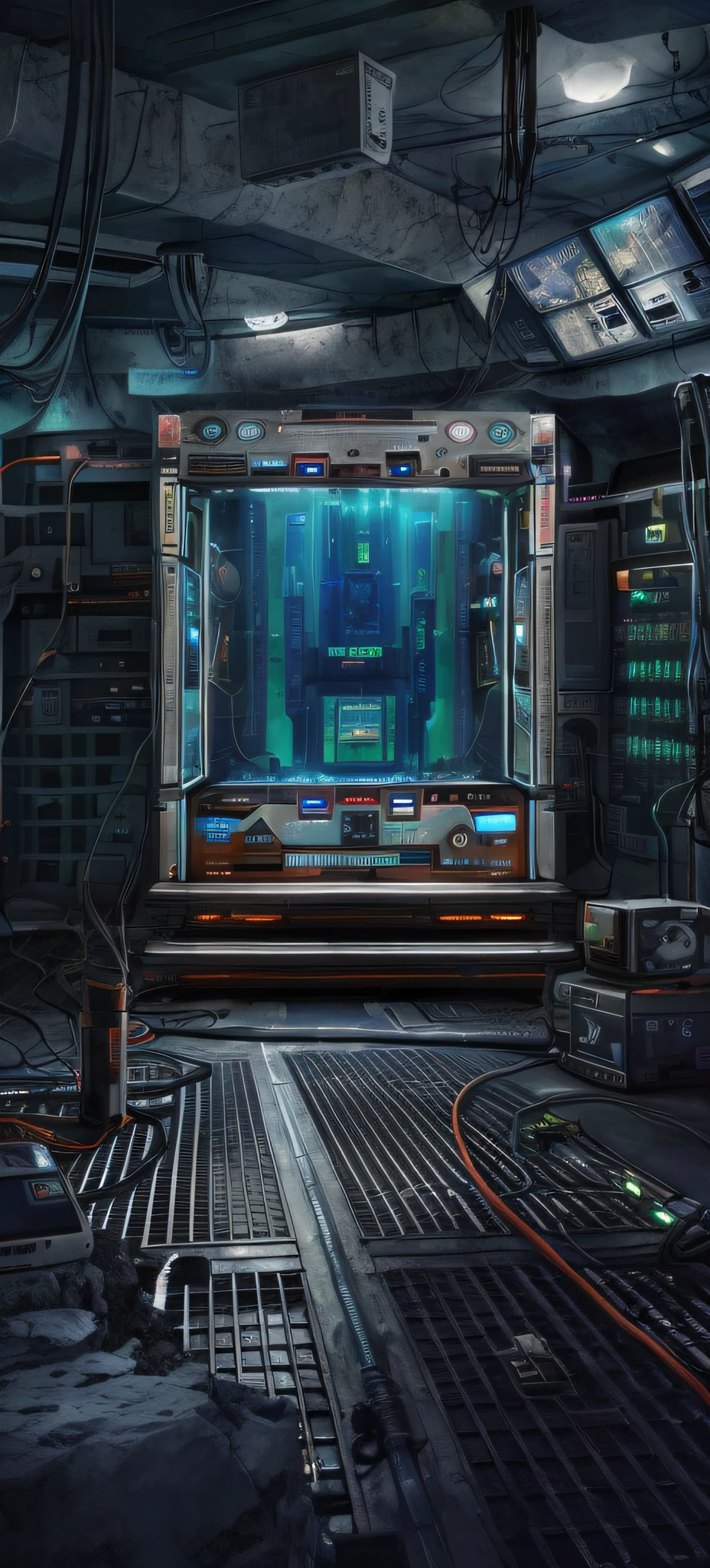 there is a large television in a room with a lot of wires, detailed sci - fi backgrounds, scifi background, alien room background, scifi room, scifi setting, dark sci - fi background, spaceship hallway background, sci - fi scene, futuristic room background, sci - fi interior, sci - fi vending machine, sci-fi vending machine, scifi scene