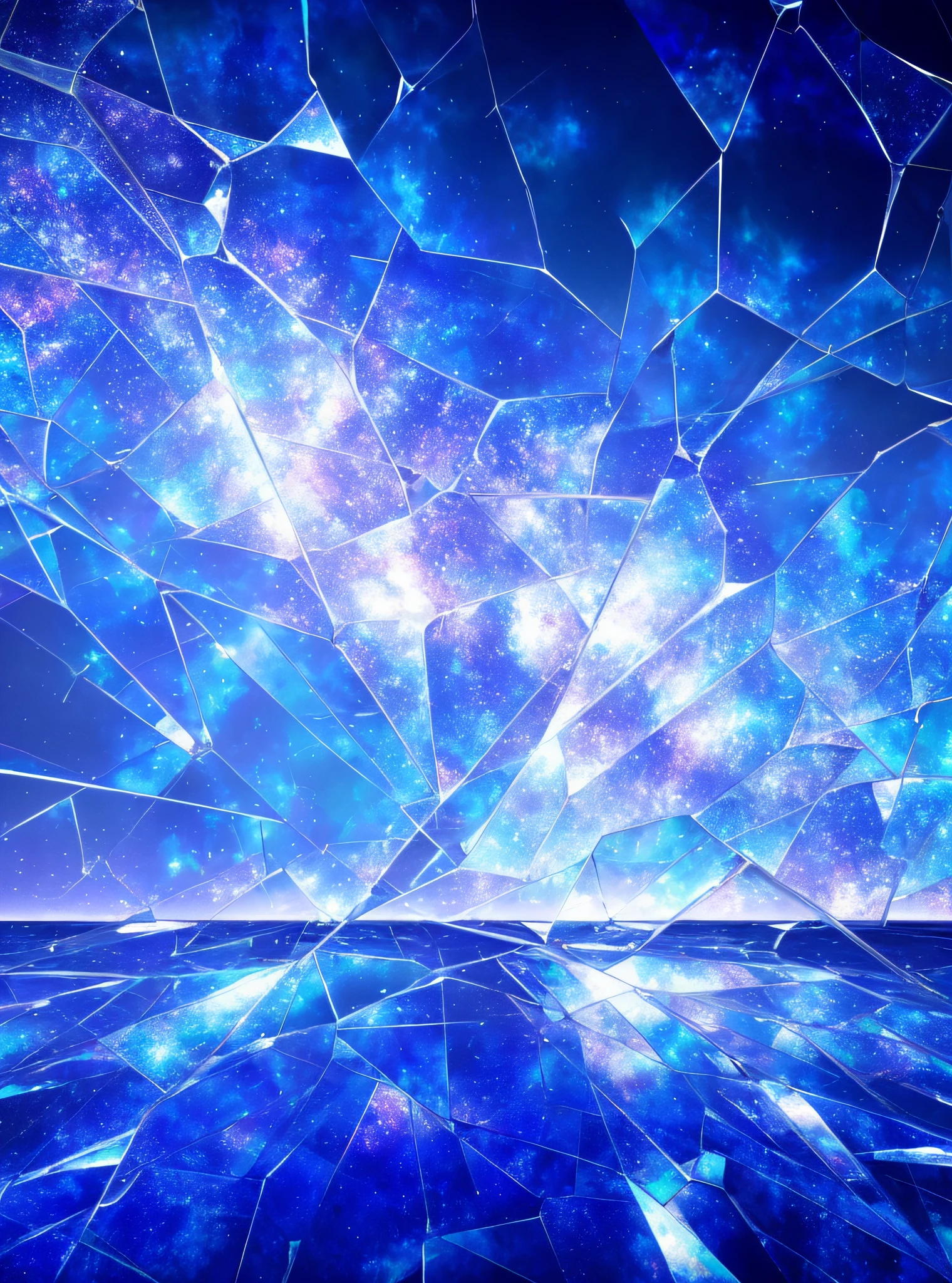 a close up of a cracked glass window with a sky background, shattered glass ( ( sunbeams ) ), in the astral plane ) ) ), wallpaper anime blue water, endless cosmos in the background, magnificent background, anime background art, shards and fractal of infinity, anime abstract art, fractured reality, shattered glass, science fiction digital art, cracking glass through reality, anime background