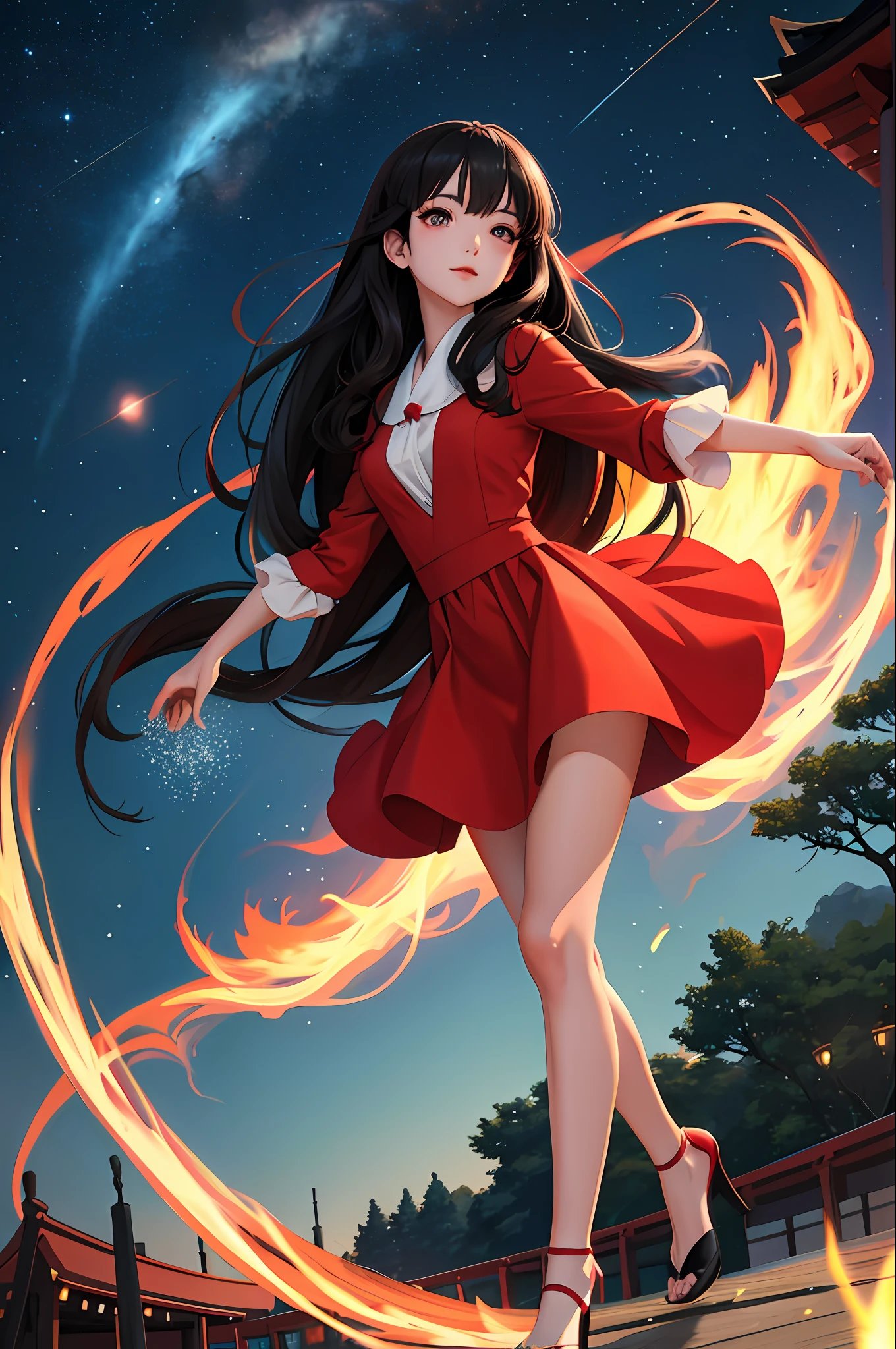 2023 anime illustration masterpiece, highest quality, red dress, black hair straight, outdoor, sexy eyes, starry sky, Meiji Jingu, Ghibli style background
