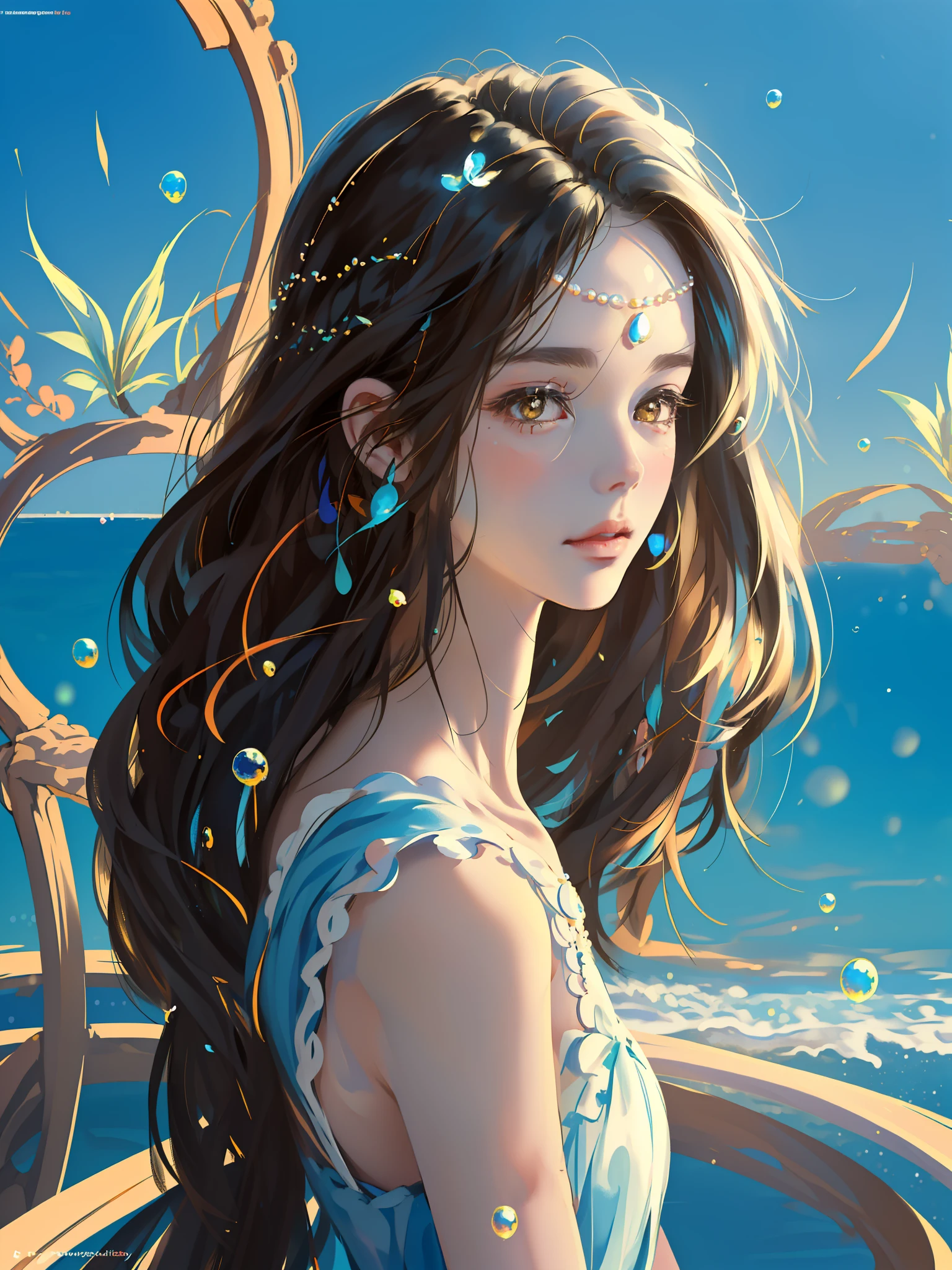 (((Masterpiece)), high quality, super detailed, black hair + blue clothing: 1.2, sweet and delicate girl, delicate facial features, perfect figure, face with pearl decoration, surrounding bubbles, bright bright colors, pearl white background, romantic long hair, natural light, warm and sweet, brown eyes, gorgeous hair decoration.
