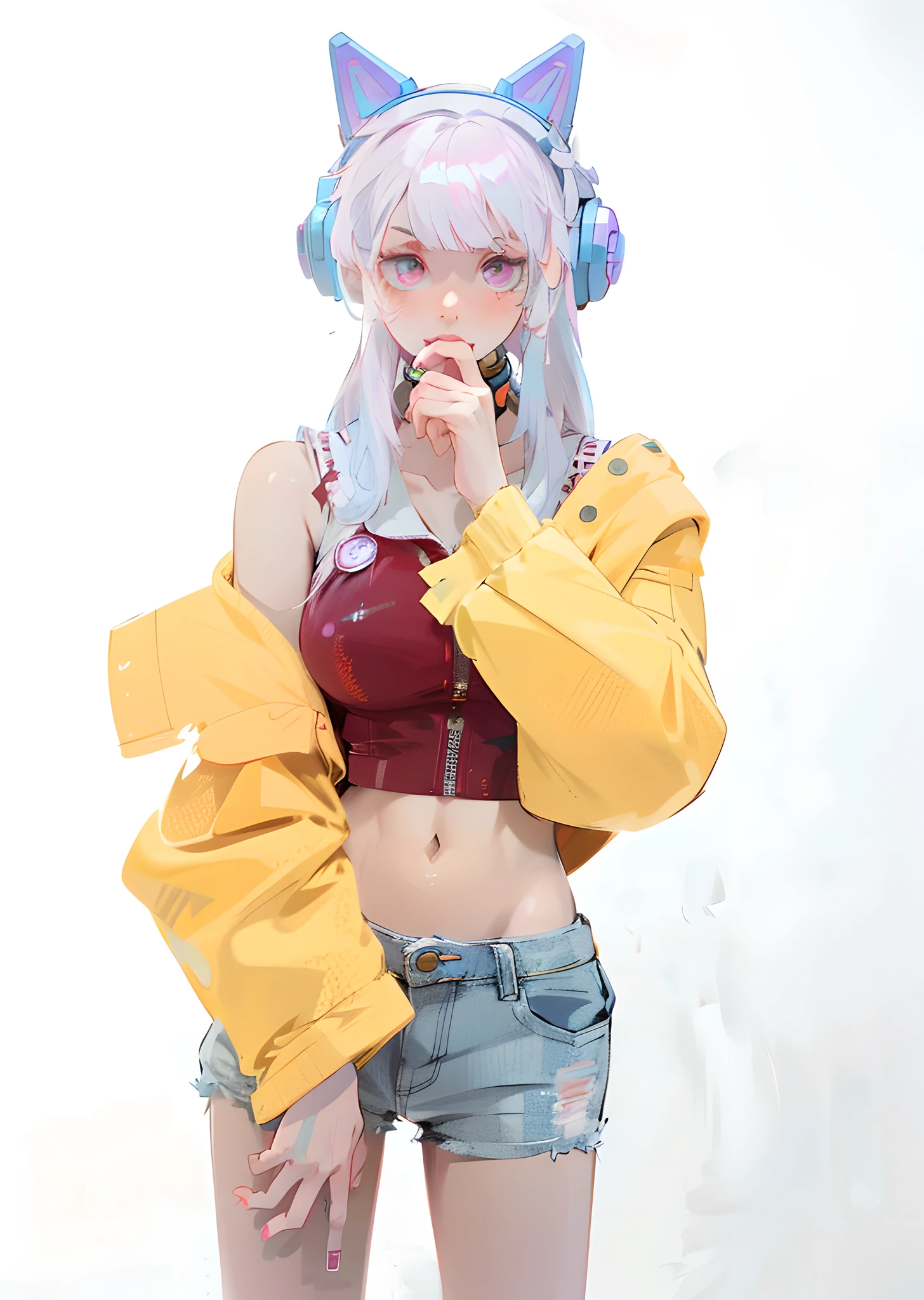 there is a woman with headphones on posing for a picture, anime girl cosplay, wearing cyberpunk 2 0 7 7 jacket, anime cosplay, cyberpunk anime girl, cyberpunk anime girl in hoodie, female cyberpunk anime girl, anime inspired, with head phones, anime vtuber full body model, anime girl in real life, cosplay, ayaka cosplay, attractive anime girl