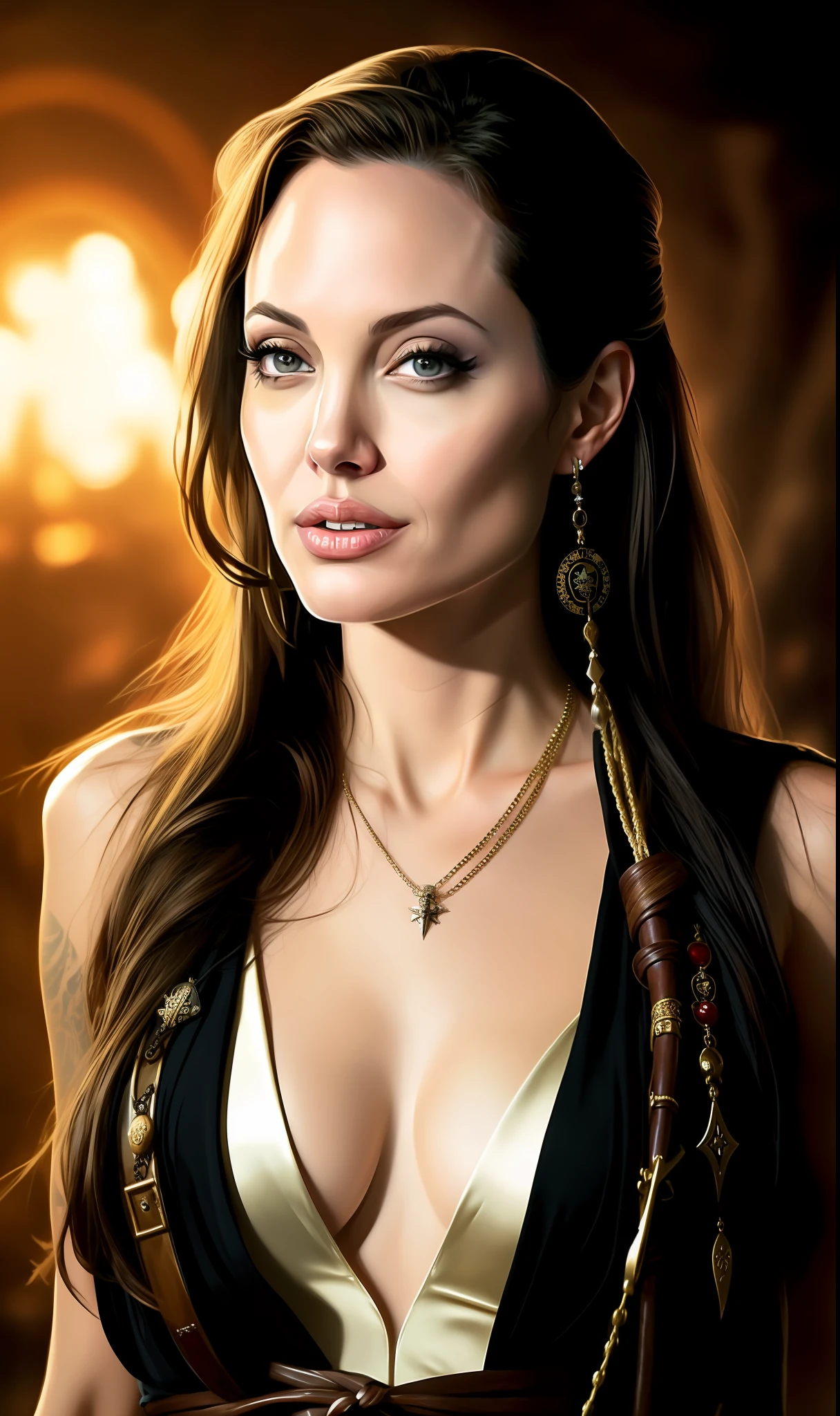 Angelina Jolie (8k, best quality, masterpiece:1.2), (realistic, photo-realistic:1.37), top quality, masterpiece, 1girl, solo. a beautiful woman, stylized as a pirate, complete with pirate accessories, cleavage, being on a pirate ship, cinematic, very strong detail, dark lighting, professional photos