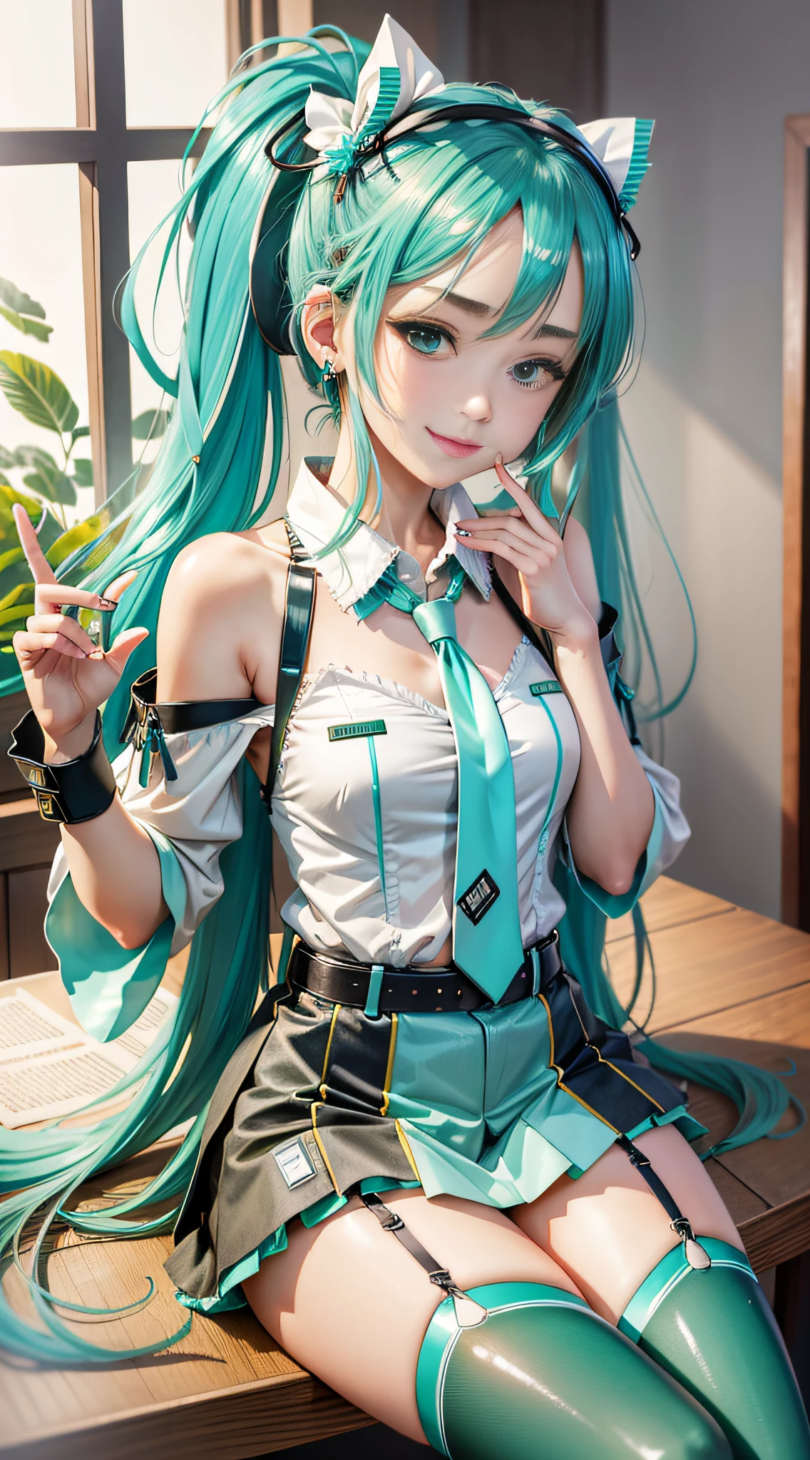 [(white background:1.5)::5],best quality, masterpiece, highres, original, extremely detailed 8K wallpaper, an extremely delicate and beautiful,,full body,straight-on,ultrawide shot,depth of field,high saturation,cafe,tatami,indoors,photorealistic,detailed manga illustration,colorful,tachie,line art,solo,petite,bishoujo,(((hatsune miku))),grayu,goddess,the creamy smooth skin,green_hair,ahoge,ponytail,payot,floating hair,bangs,green_eyes,smile,figure four sitting,detail fingers,skindentation,beautiful_face,bright pupils,office lady suit,denim shorts,black_thighhighs,sneakers,belt,hair ribbon,halo,tassel,hair ornament,hair rings,hair bow,hairband,earrings,book,armlet,
