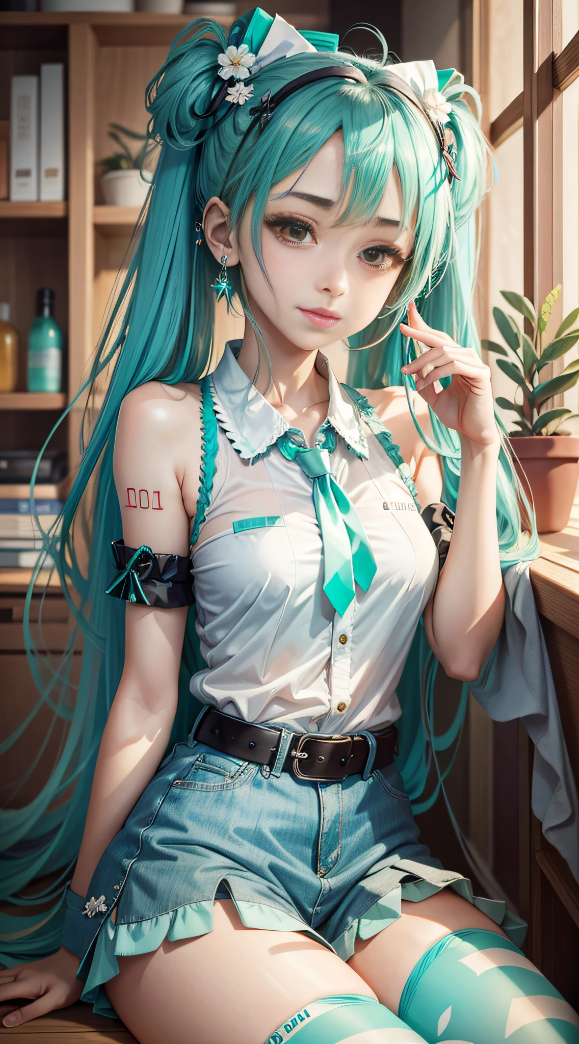 [(white background:1.5)::5],best quality, masterpiece, highres, original, extremely detailed 8K wallpaper, an extremely delicate and beautiful,,full body,straight-on,ultrawide shot,depth of field,high saturation,cafe,tatami,indoors,photorealistic,detailed manga illustration,colorful,tachie,line art,solo,petite,bishoujo,(((hatsune miku))),grayu,goddess,the creamy smooth skin,green_hair,ahoge,ponytail,payot,floating hair,bangs,green_eyes,smile,figure four sitting,detail fingers,skindentation,beautiful_face,bright pupils,office lady suit,denim shorts,black_thighhighs,sneakers,belt,hair ribbon,halo,tassel,hair ornament,hair rings,hair bow,hairband,earrings,book,armlet,