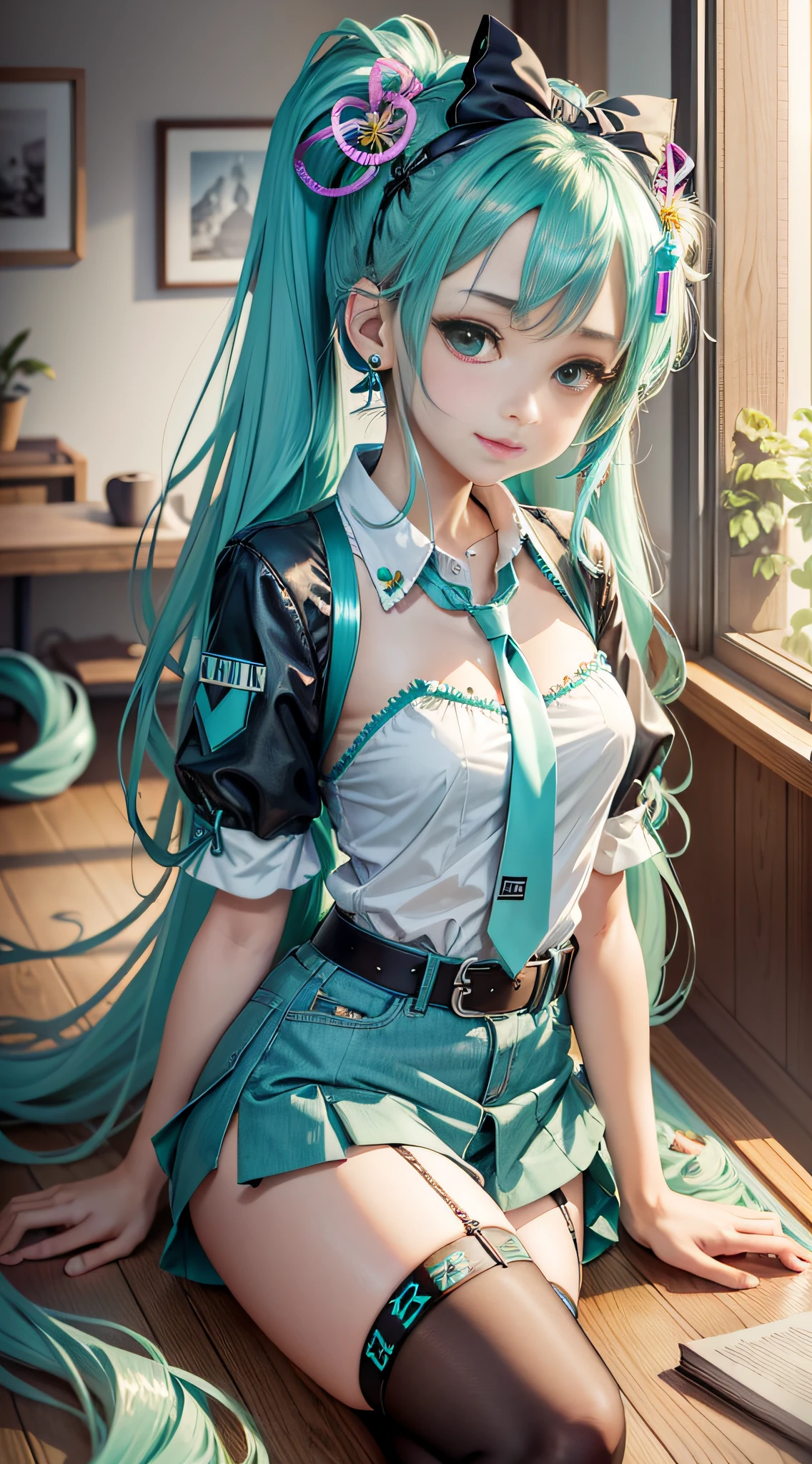 [(white background:1.5)::5],best quality, masterpiece, highres, original, extremely detailed 8K wallpaper, an extremely delicate and beautiful,,full body,straight-on,ultrawide shot,depth of field,high saturation,cafe,tatami,indoors,photorealistic,detailed manga illustration,colorful,tachie,line art,solo,petite,bishoujo,(((hatsune miku))),grayu,goddess,the creamy smooth skin,green_hair,ahoge,ponytail,payot,floating hair,bangs,green_eyes,smile,figure four sitting,detail fingers,skindentation,beautiful_face,bright pupils,office lady suit,denim shorts,black_thighhighs,sneakers,belt,hair ribbon,halo,tassel,hair ornament,hair rings,hair bow,hairband,earrings,book,armlet,