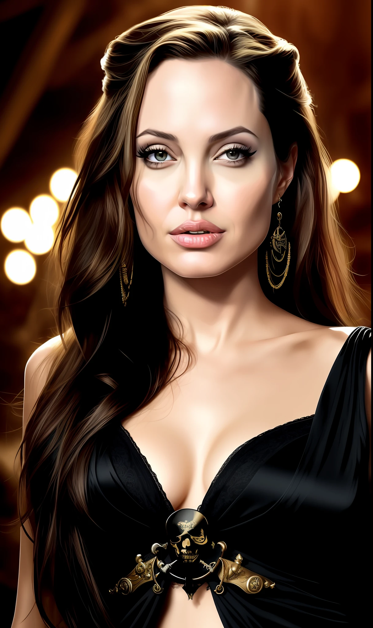Angelina Jolie (8k, best quality, masterpiece:1.2), (realistic, photo-realistic:1.37), top quality, masterpiece, 1girl, solo. a beautiful woman, stylized as a pirate, complete with pirate accessories, cleavage, being on a pirate ship, cinematic, very strong detail, dark lighting, professional photos