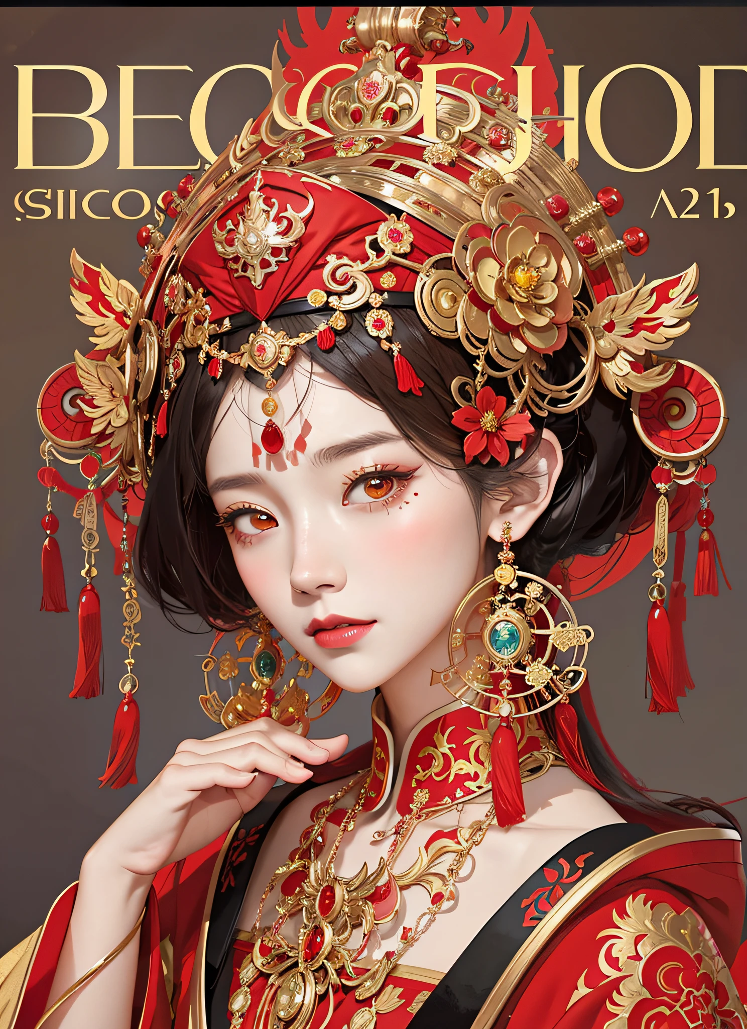 a close up of a woman wearing a red and gold headpiece, artwork in the style of guweiz, a beautiful artwork illustration, alphonse mucha and rossdraws, palace , a girl in hanfu, artbook artwork, official fanart behance hd, chinese empress, hanfu, cover illustration, bo feng, beeple and jeremiah ketner, behold