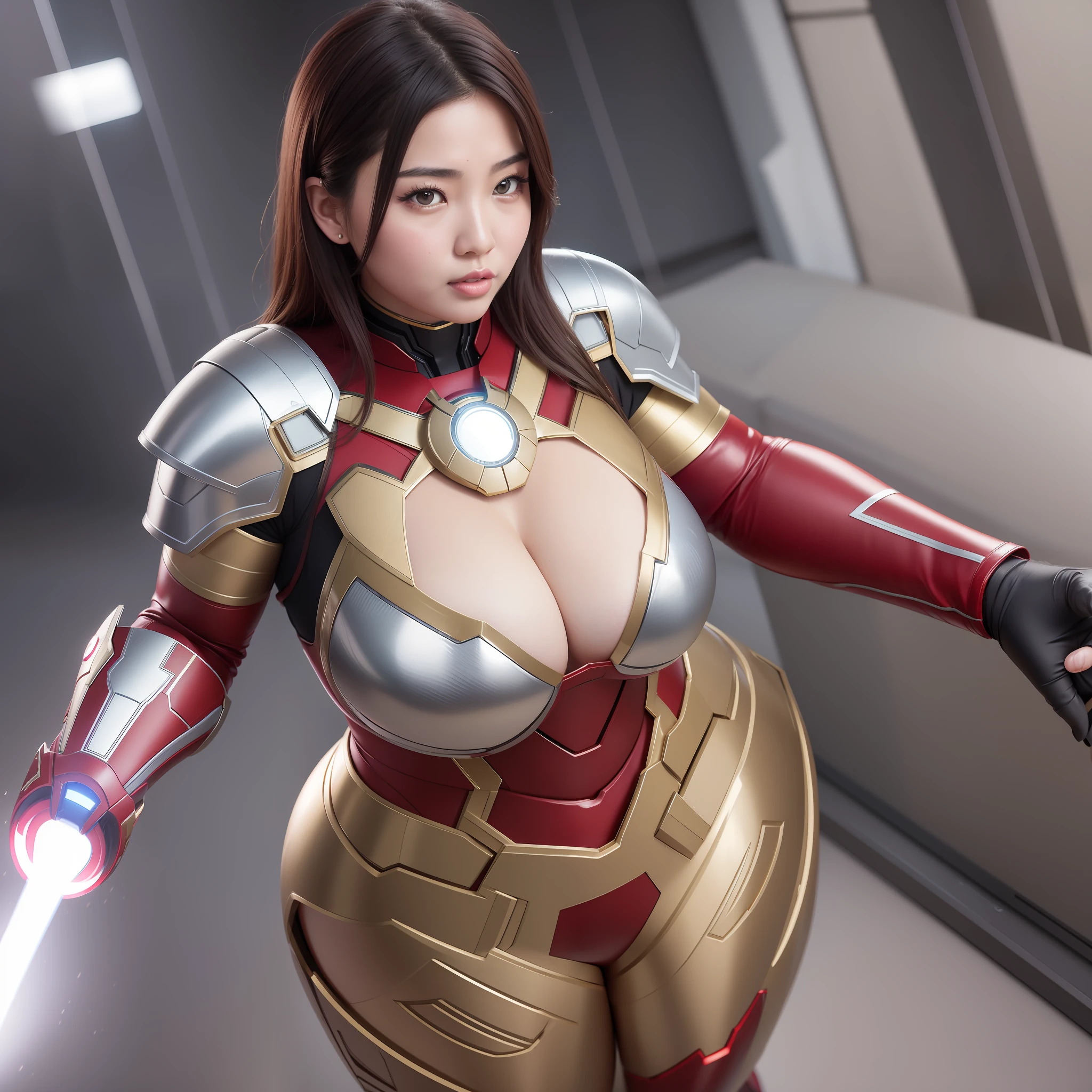 Ultra realistic 8k full_body curvy Asian woman wearing the front iron man armor with large breasts and large thighs voluptuous with the ark reactor between the breasts with opening to the large breasts walking in the