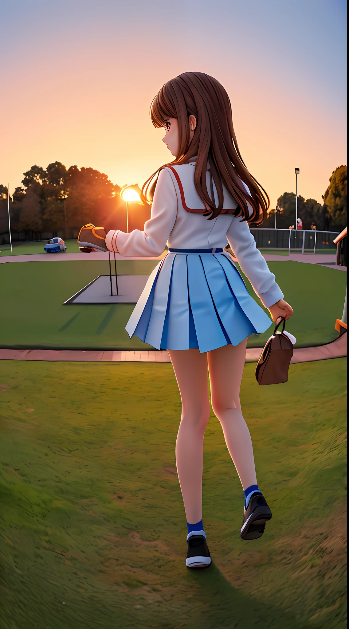 ((Masterpiece, Best Quality, Ultra Detail, Ultra High Resolution, Detailed Background)), 3 students holding paper airplane in hand, back, brown hair, cold background, slim body, HD, high quality, school uniform, (fisheye lens), school, sunset, on playground, guardrail, looking down, back