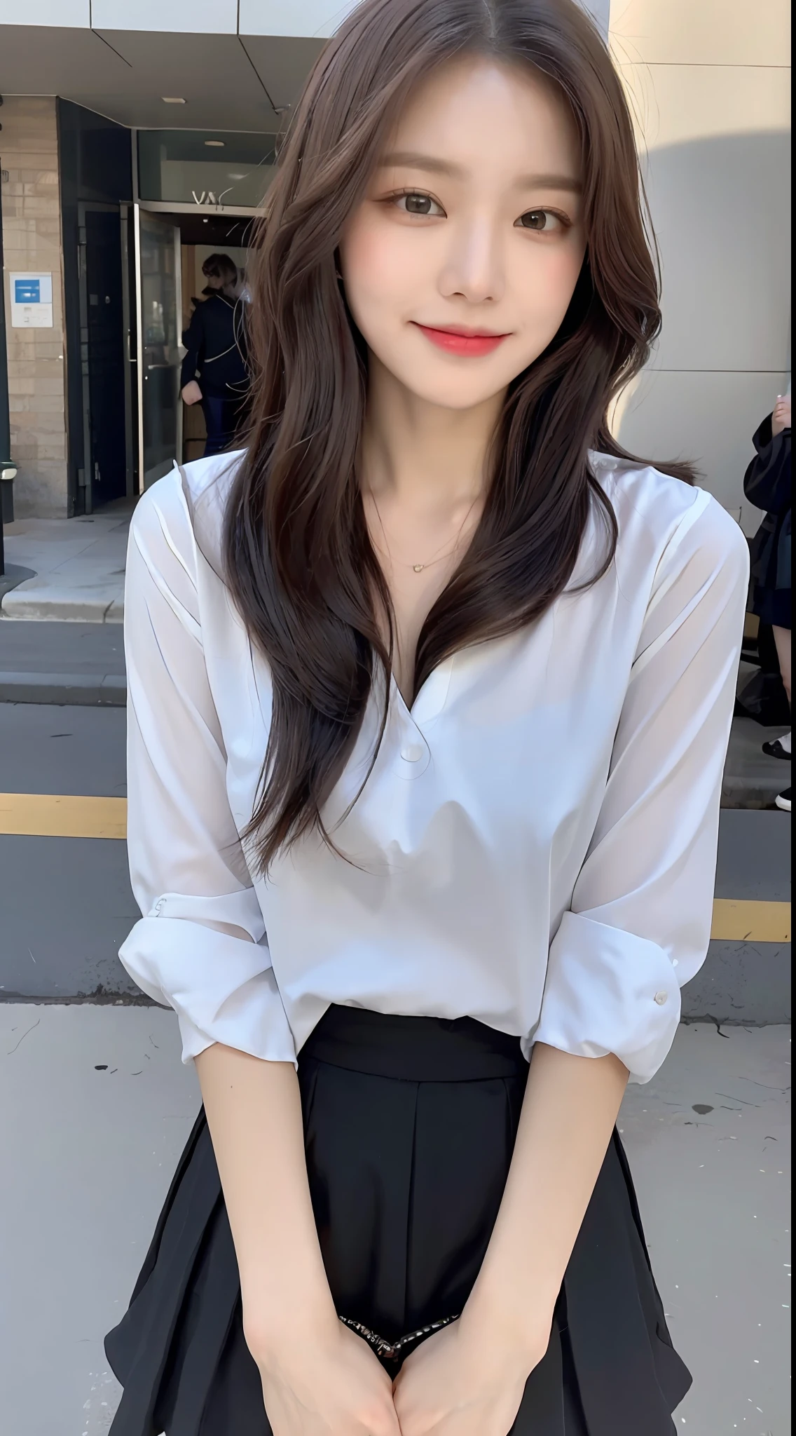 ((Best Quality, 8K, Masterpiece: 1.3)), (Straight Skirt: 1.5), (Pouting Smile: 1.3), Focus: 1.2, Perfect Body Beauty: 1.4, Buttocks: 1.2, (Layered Haircut: 1.2)), , (Street: 1.3), Highly detailed face and skin texture, Full body, delicate eyes, Double eyelids, whitening skin, long hair, (round face: 1.5),