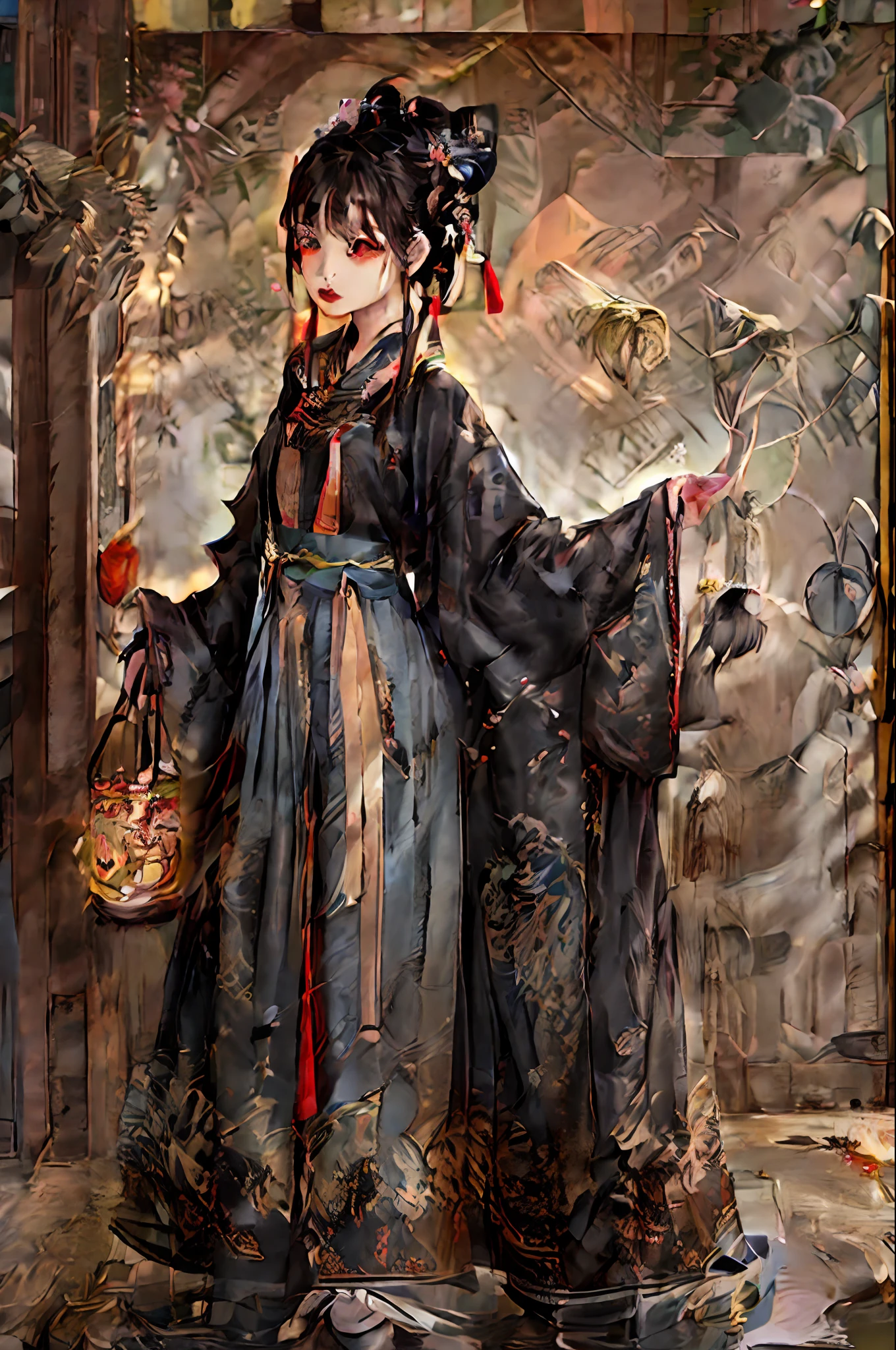 1girl, hair ornament, looking at viewer, black hair, red lips, long hair, upper body, chinese clothes, solo, long sleeves, jewelry, earrings, tassel, lantern, fire, architecture, hanfu, closed mouth, makeup, wide sleeves, bangs, east asian architecture, brown eyes, lips, brown hair, bug, floating hair, outdoors, building, solo focus, from side, fish, ribbon, lipstick, parted lips, butterfly, holding, kimono, hair stick, tassel earrings, wind, flower, hair flower, black eyes, paper lantern, hair bun, goldfish, sash, railing, light, looking to the side, ponytail, indoors, sidelocks, hair ribbon, orange theme,