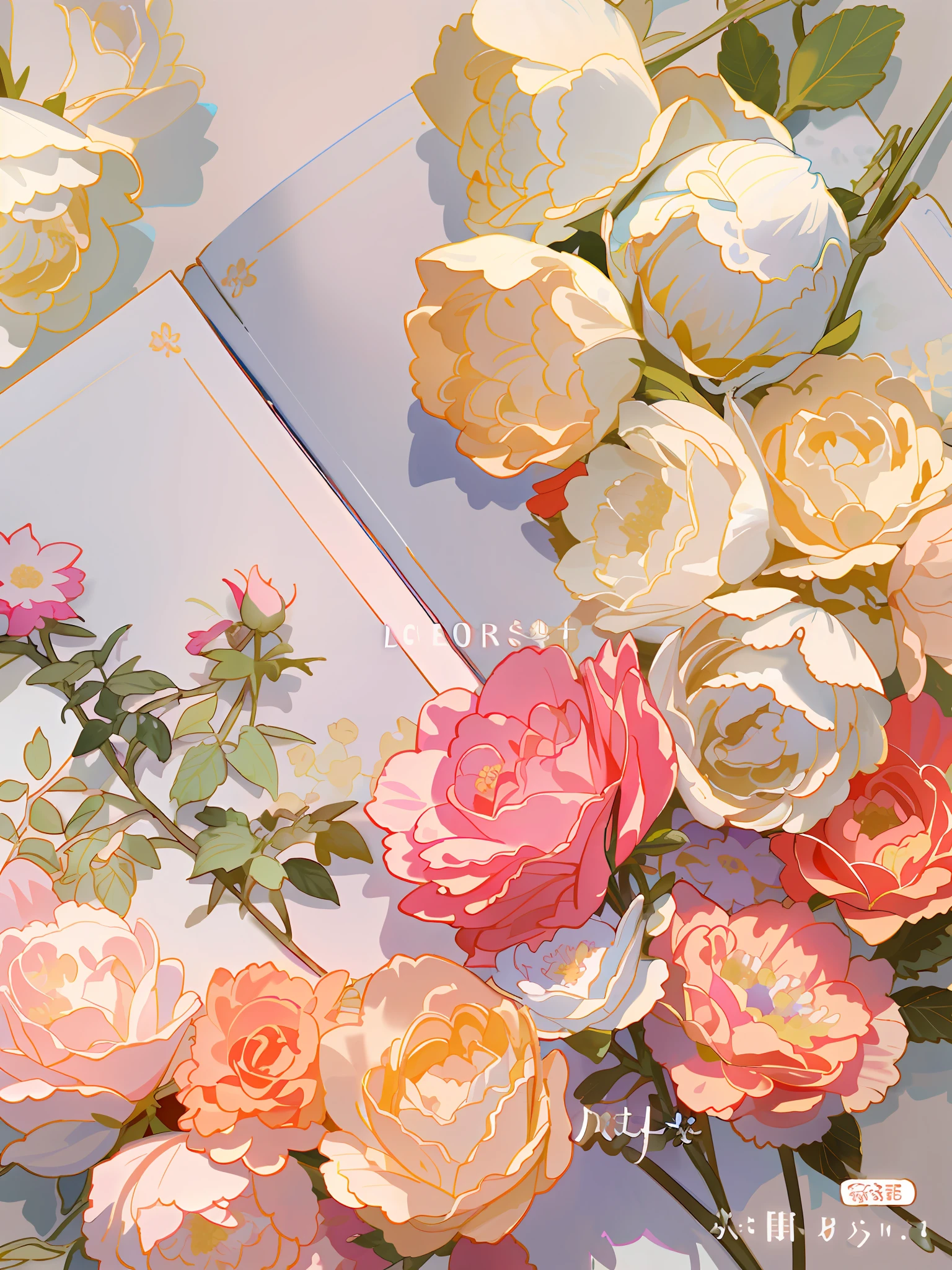 There is a bouquet of flowers on the table, floral art association, CGSOCIETY, pastel rose, pastel color, rose background, rose background, Yang J, watercolor illustration style, Ayami Kojima, soft overflow, dream flower background, pastel flower background, blooming flowers, detailed flowers, beautiful digital illustration, 🌺 author: Cheng Yanjun