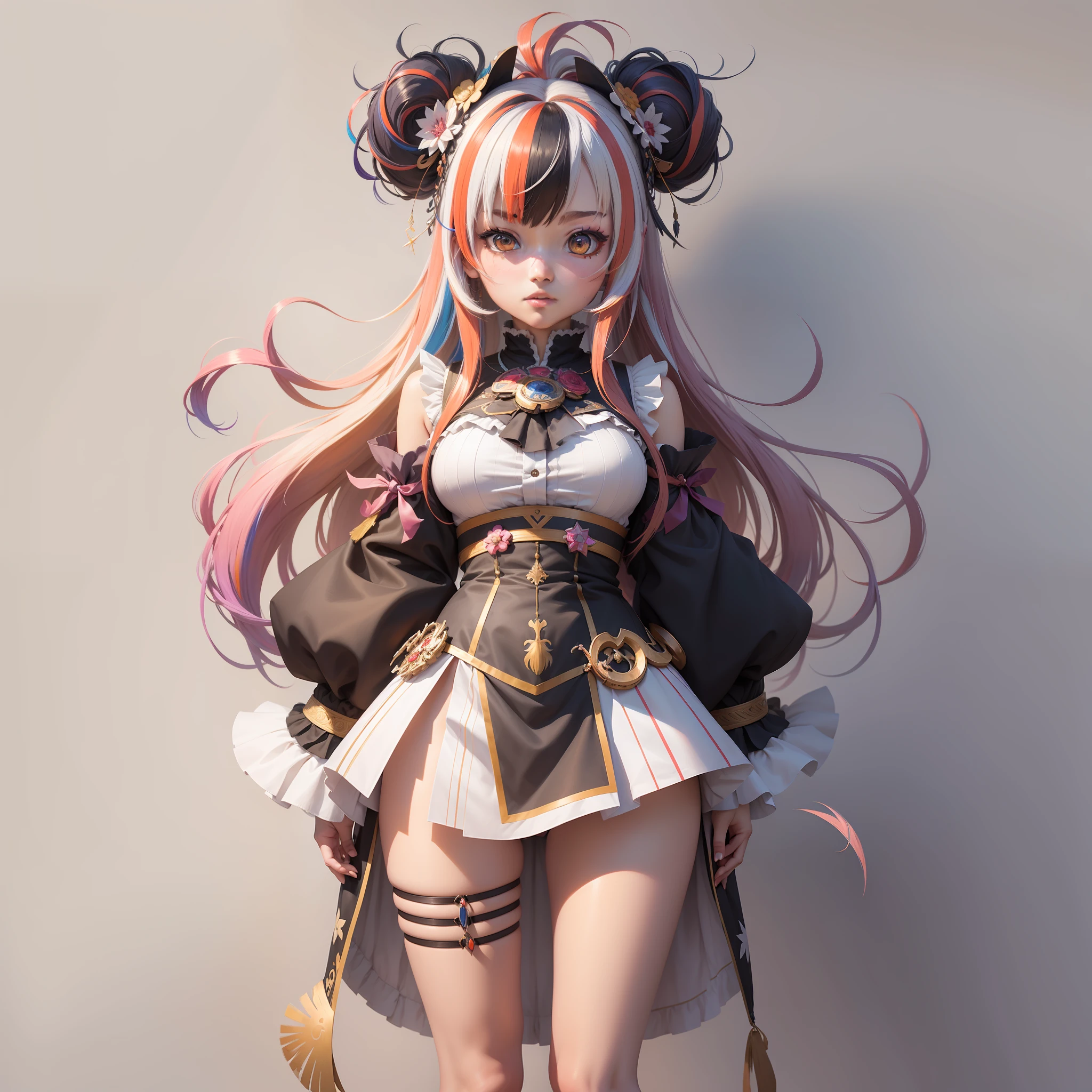 masterpiece,high zuality, a girl, multicolored hair,streaked 　air,bangs,hair,ornament,ahoge,complex cloth,
arms at sides,[upright],virtual youtuber,[[blush]],concept art, solo,1girl,cowboy shot,full body,looking at biewer,white background,simple background,