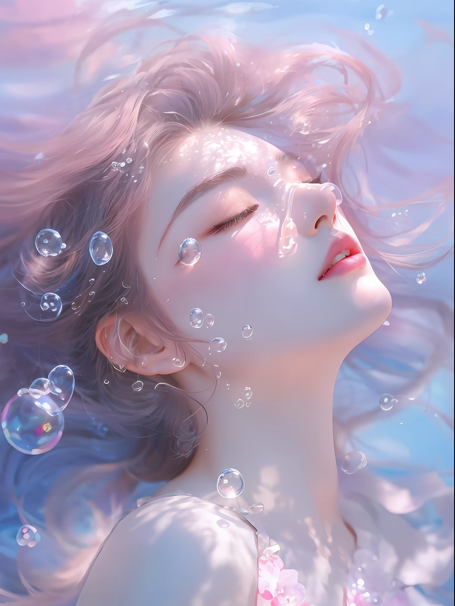 Close-up of a woman with her eyes closed and her hair blowing in the air, inspired by Cheng Yanjun, ethereal bubbles, water droplets, blisters, bubbles, beautiful artwork illustration, Guwiz style artwork, created by Cheng Yanjun, soft overflow, ethereal beauty, Guvitz, inspired by Ross Tran, close-up fantasy and water magic, beautiful digital illustration, floating in water