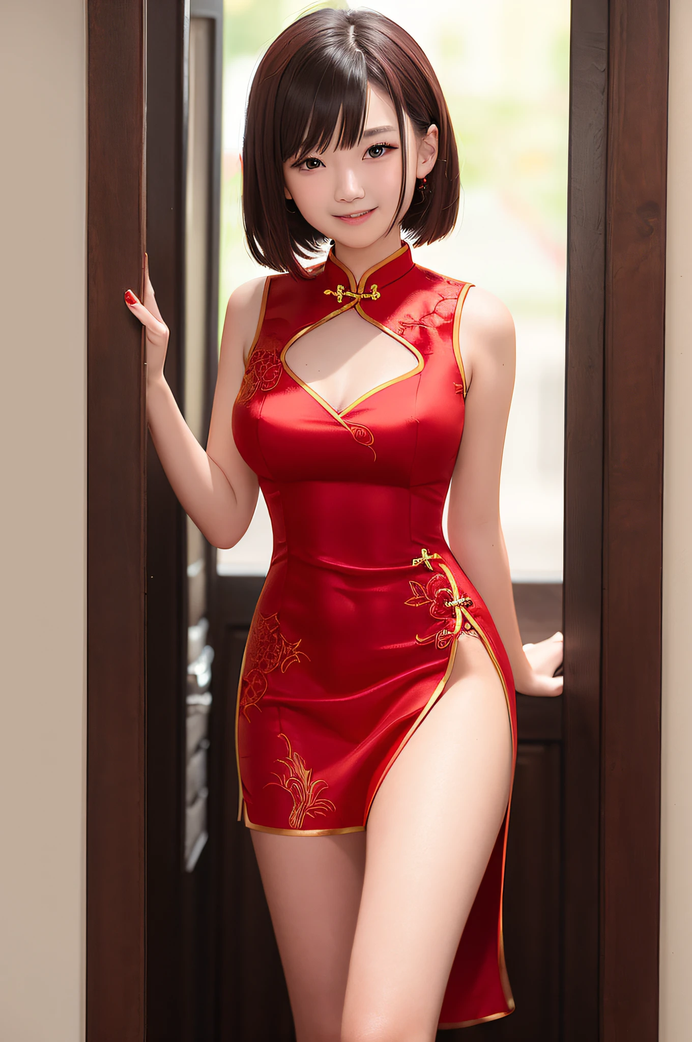 NSFW, female 18 years old, red cheongsam, Mandarin dress, breast size is D cup, nightclub, brown hair, bob hair, smile, NSFW