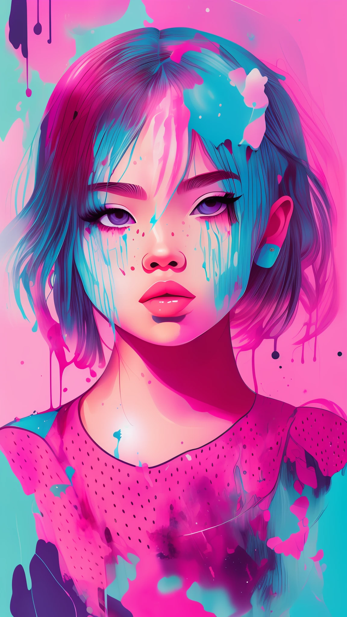 girl holding a strawberry ice cream that is melting in the grass,samdoesarts; award-winning portrait, ink splatter, splatter, leak, vaporware, digital art, trending on artstation, highly detailed, fine detail, intricate, --auto --s2