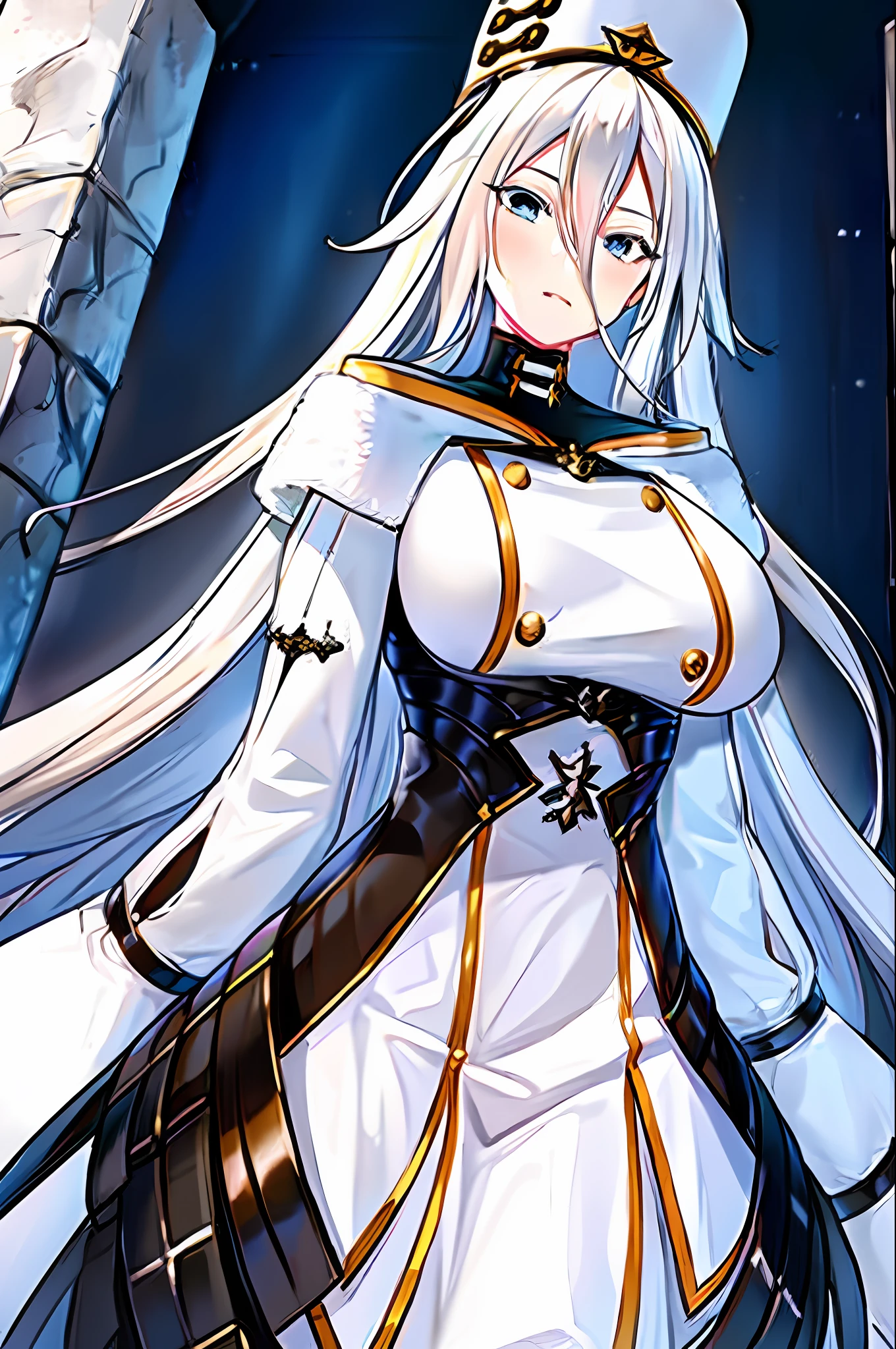 cinematiclighting, 1girl, ((masterpiece)), HDR, best quality, ultra-detailed, extremely detailed, high res, perfect face, highre, beautiful background, (depth of field), ray tracing, standing, sovetsky soyuz\(azur lane\), hat, long yellow hair, large breasts