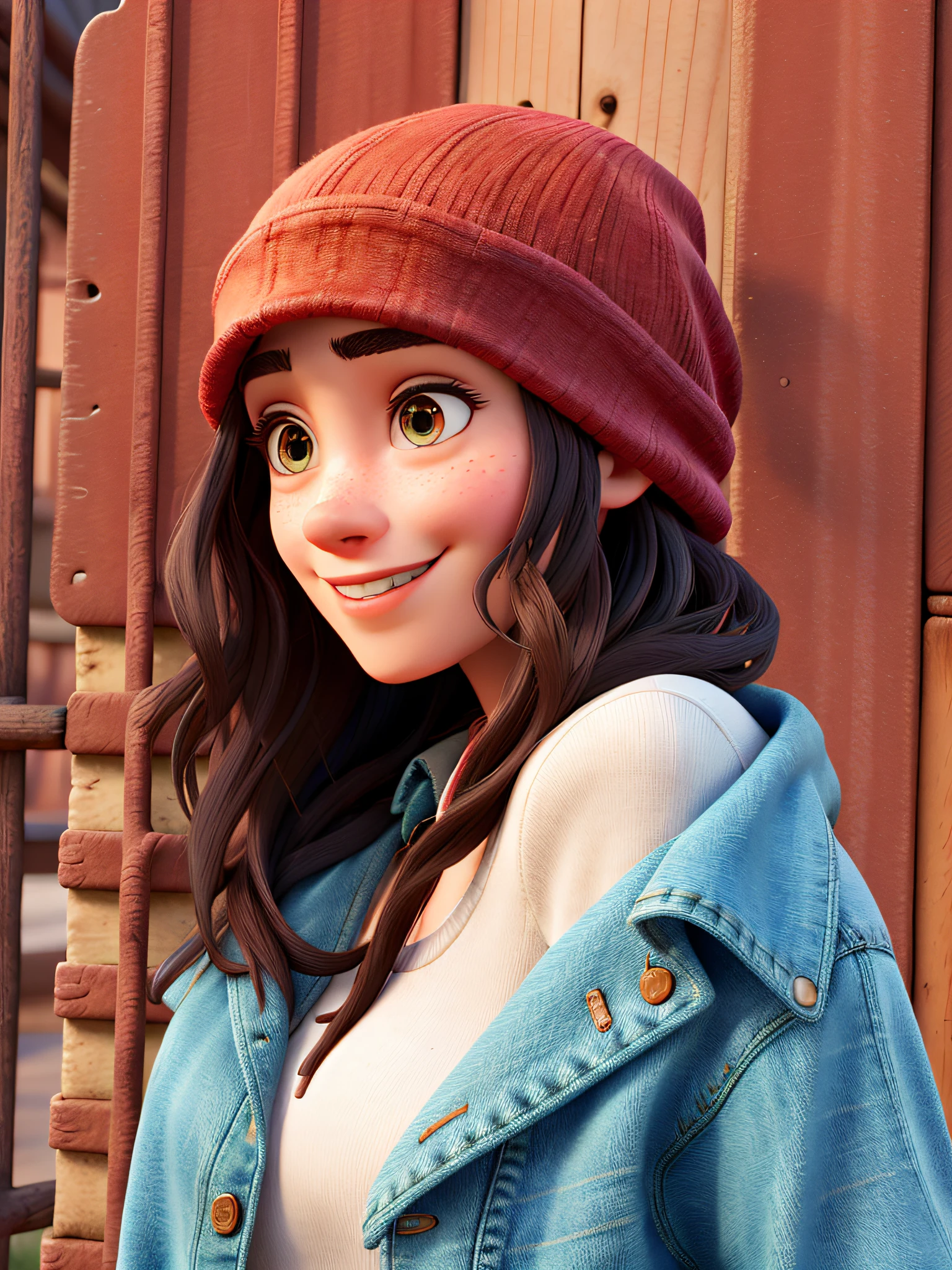 HD, (Best Detail) (Best Quality), detailed facial features, Allard woman in a red hat and denim jacket, Disney