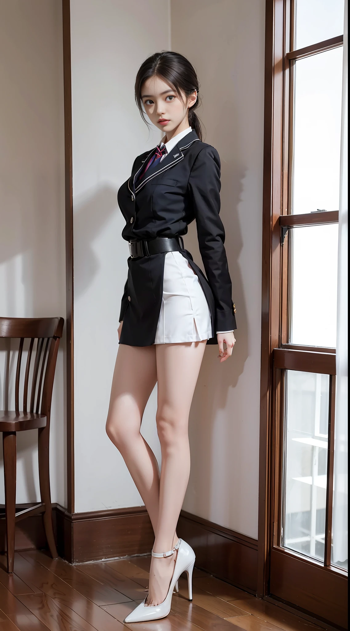 Girl in JK school uniform, posing for photos, delicate facial features, full body portrait, slim body, beautiful legs, medium bust, slim girl model, model figure, white high heels, standing posture, indoors, (right leg mechanical leg)), (right leg mechanical leg)Right leg mechanical leg, mechanical right leg,
