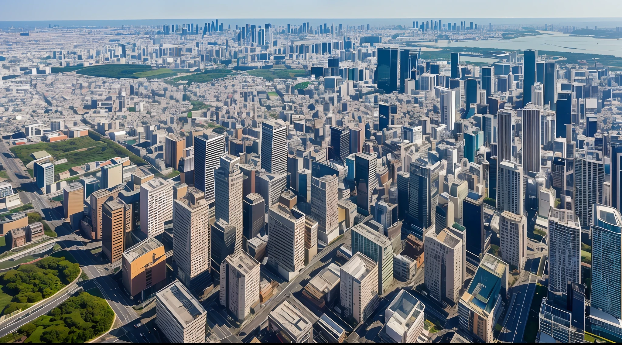 Aerial viewpoints, countless cityscapes in harmony with the lush cityscape, contemporary Japan cityscapes (vivid, photorealistic, realistic, dramatic, dark, sharp focus, 8K), ultra-detailed depictions, sunrises, buildings of various shapes, buildings that are not buildings