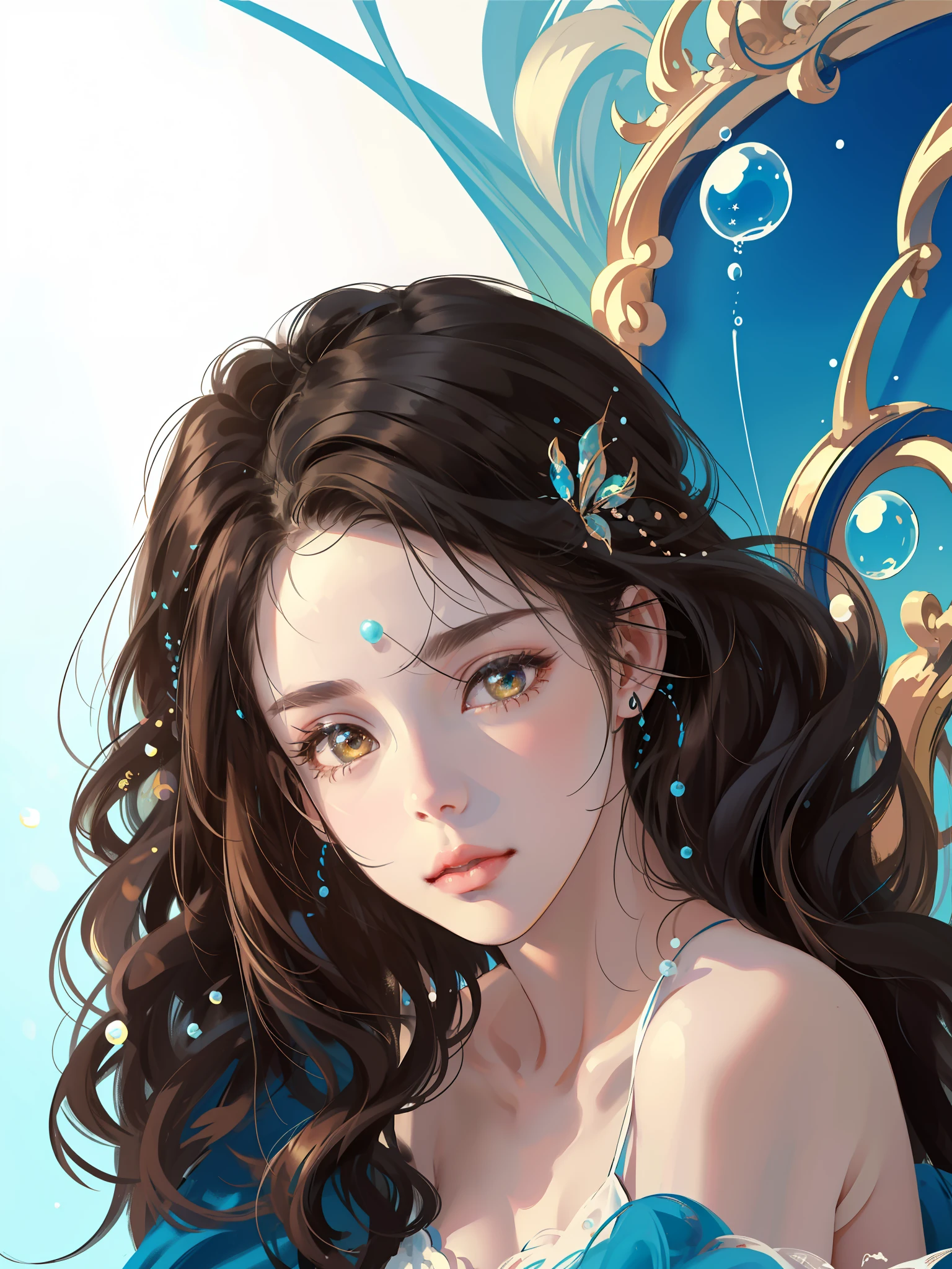 ((Masterpiece)), high quality, super detailed, black hair + blue clothing: 1.2, sweet and delicate girl, delicate facial features, perfect figure, bubbles around, bright bright colors, pearl white background, romantic long hair, natural light, warm and sweet, brown eyes, pearl hair accessories, gorgeous hair decoration.