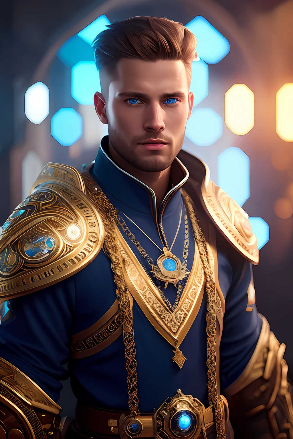 a digital painting of player Erling Halland with blue eyes, unreal engine rendering, very detailed, beeple global lighting, elaborate ornate jewelry, trends in cgisociety, motion graphics, global lighting rossdraws, cgsociety