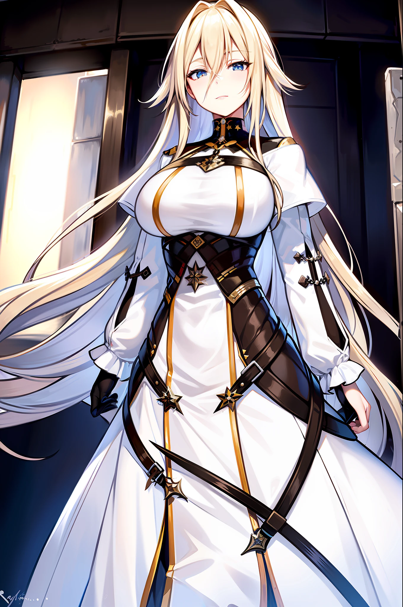 cinematiclighting, 1girl, ((masterpiece)), hdr, best quality, ultra-detailed, extremely detailed, high res, perfect face, highre, beautiful background, (depth of field), ray tracing, standing, Sovetsky_Soyuz, sovetsky soyuz \(azur lane\), standing, large breasts, yellow blonde hair
