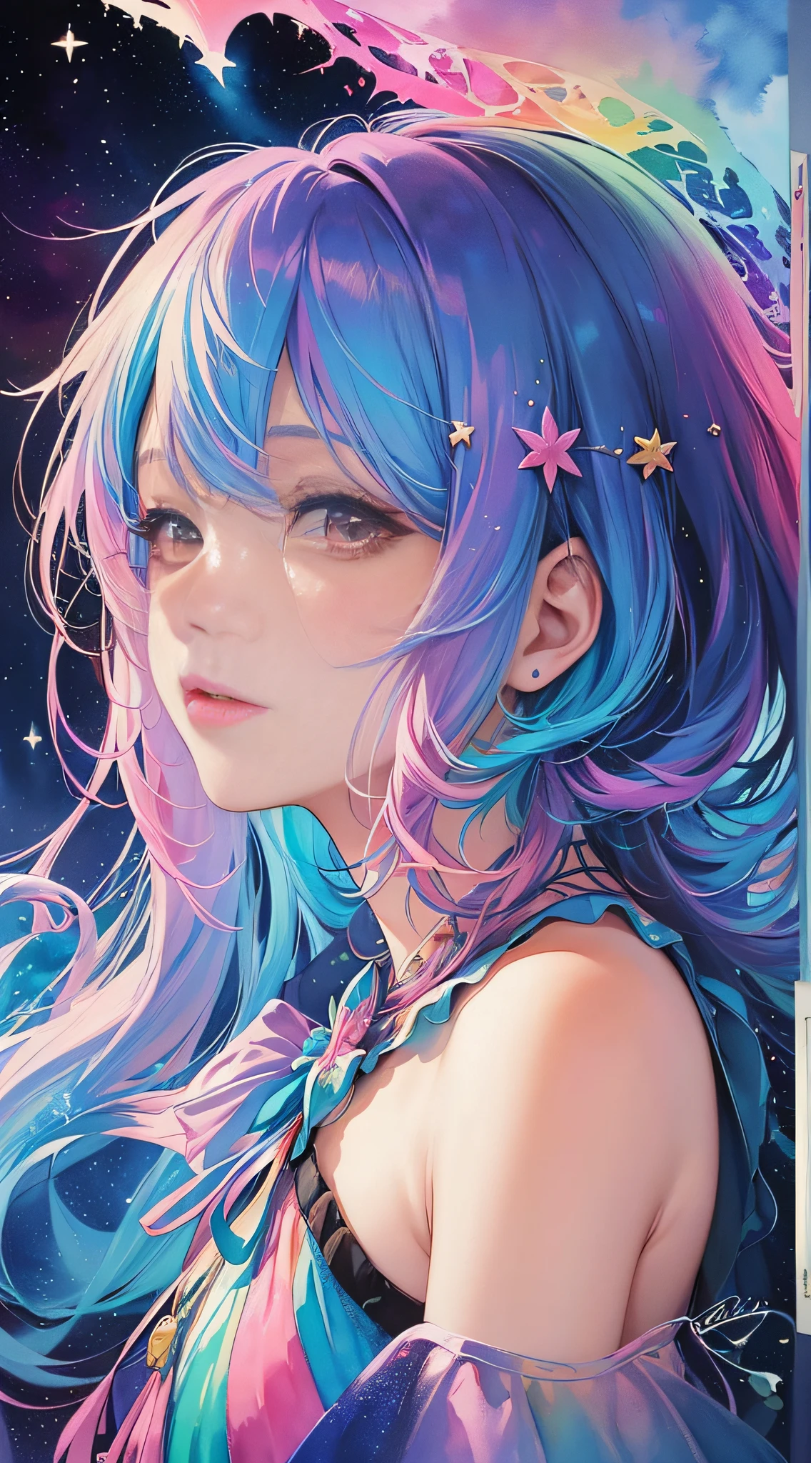 (masterpiece, top quality, best quality,watercolor (medium),official art, beautiful and aesthetic:1.2),(1girl:1.3), (fractal art:1.3),upper body, from side, looking at viewer,patterns,(rainbow color Hair,colorful hair,half blue and half pink hair:1.2),water,liquid, cloud,colorful, starry,stars,