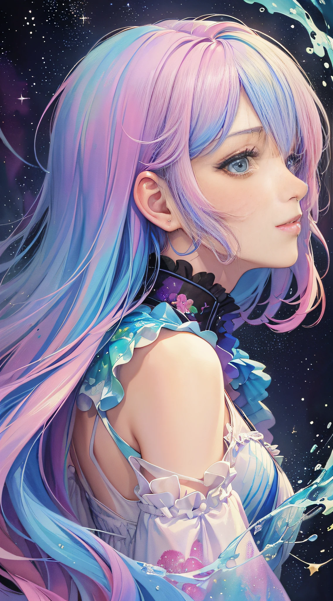 (masterpiece, top quality, best quality,watercolor (medium),official art, beautiful and aesthetic:1.2),(1girl:1.3), (fractal art:1.3),upper body, from side, looking at viewer,patterns,(rainbow color Hair,colorful hair,half blue and half pink hair:1.2),water,liquid, cloud,colorful, starry,stars,
