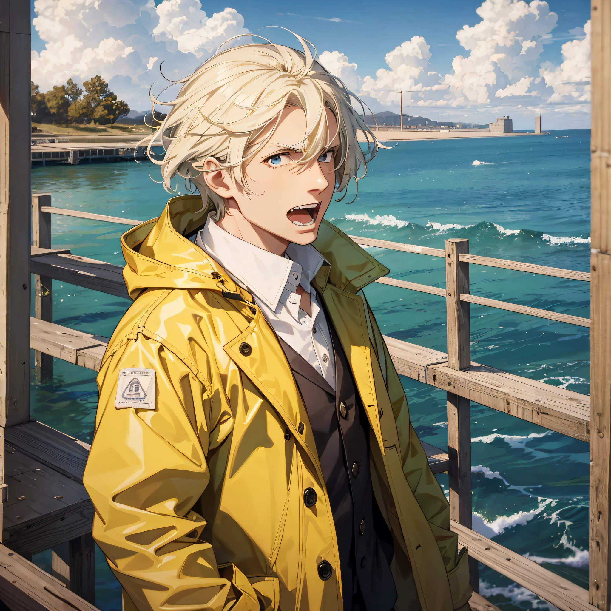 At the empty dock weapons testing ground by the sea, a middle-aged man dressed as a scientist, with a yellow coat, a white shirt and yellow hair, shouted loudly, and his expression was shocked and unbelievable