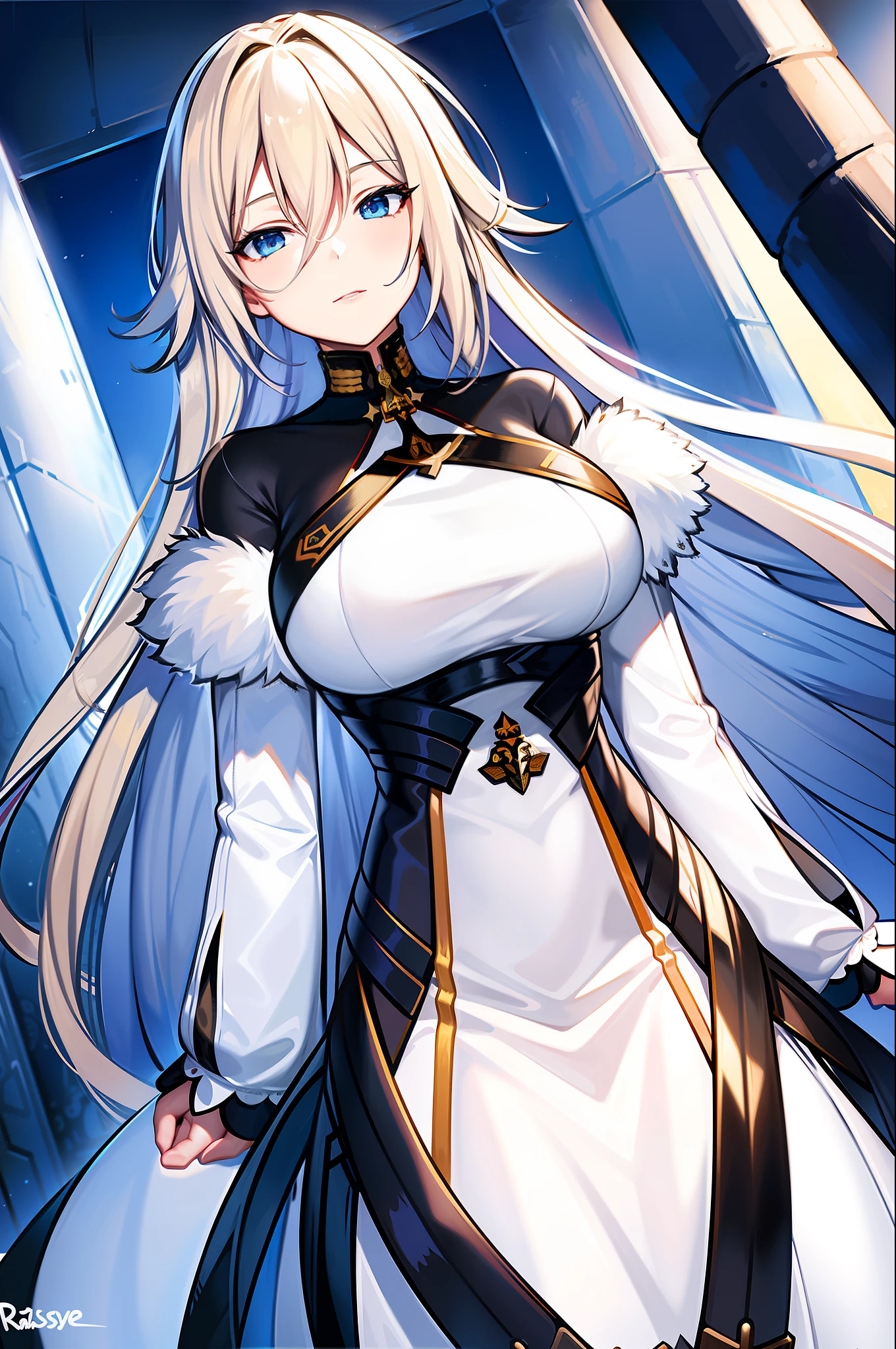 cinematiclighting, 1girl, ((masterpiece)), hdr, best quality, ultra-detailed, extremely detailed, high res, perfect face, highre, beautiful background, (depth of field), ray tracing, standing, Sovetsky_Soyuz, sovetsky soyuz \(azur lane\), standing, large breasts, yellow blonde hair