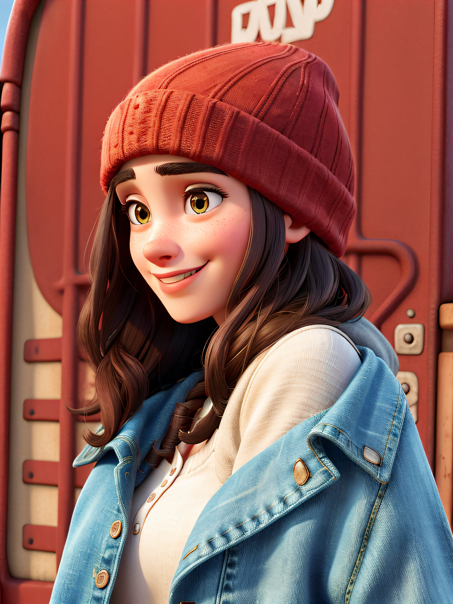 HD, (Best Detail) (Best Quality), detailed facial features, Allard woman in a red hat and denim jacket, Disney