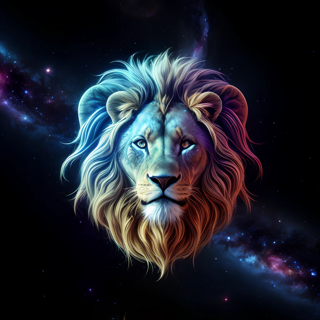 Galaxies, spirals, space, nebulae, stars, smoke, iridescent, intricate detail, in the shape of a lion, octane render, 8k