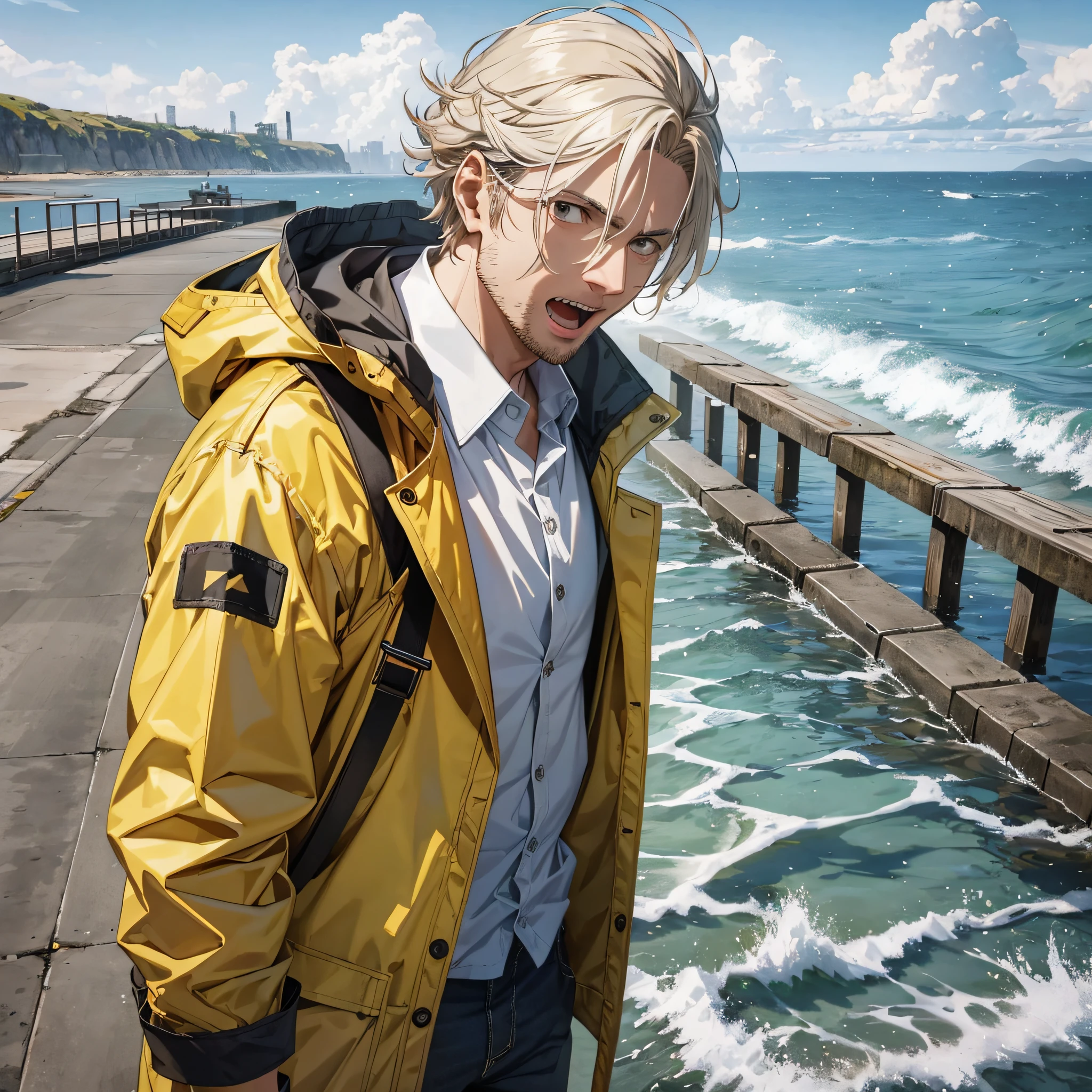 At the empty dock weapons testing ground by the sea, a middle-aged man dressed as a scientist, with a yellow coat, a white shirt and yellow hair, shouted loudly, and his expression was shocked and unbelievable