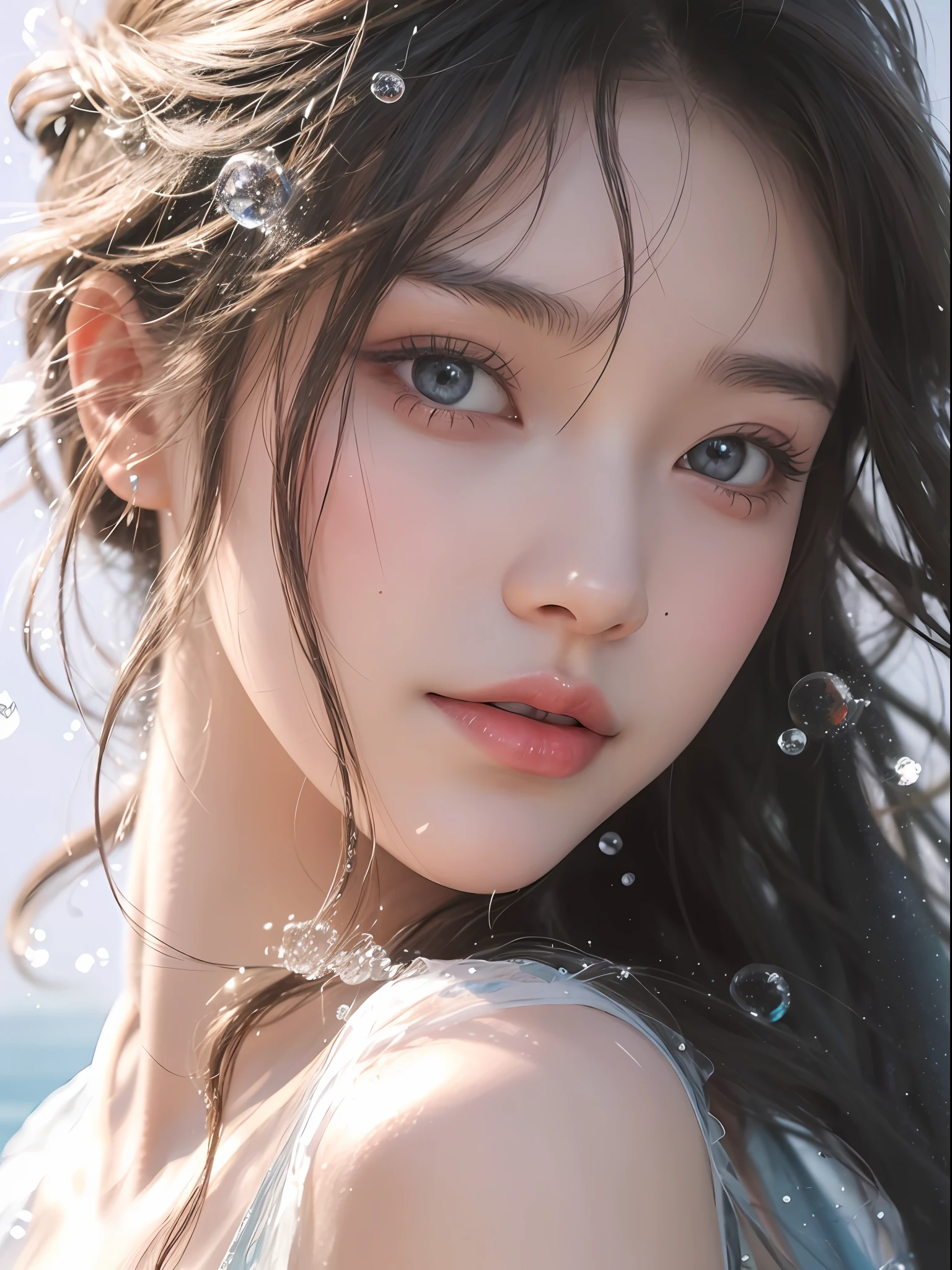 A woman with long hair and blue dress under water, water droplets, blisters, bubbles, guvez style artwork, guviz, beautiful anime portrait, yang j, stunning anime face portrait, wallpaper anime blue water, beautiful digital artwork, asian female water element, li song, beautiful digital illustration, detailed digital anime art, beautiful character painting, beautiful anime face