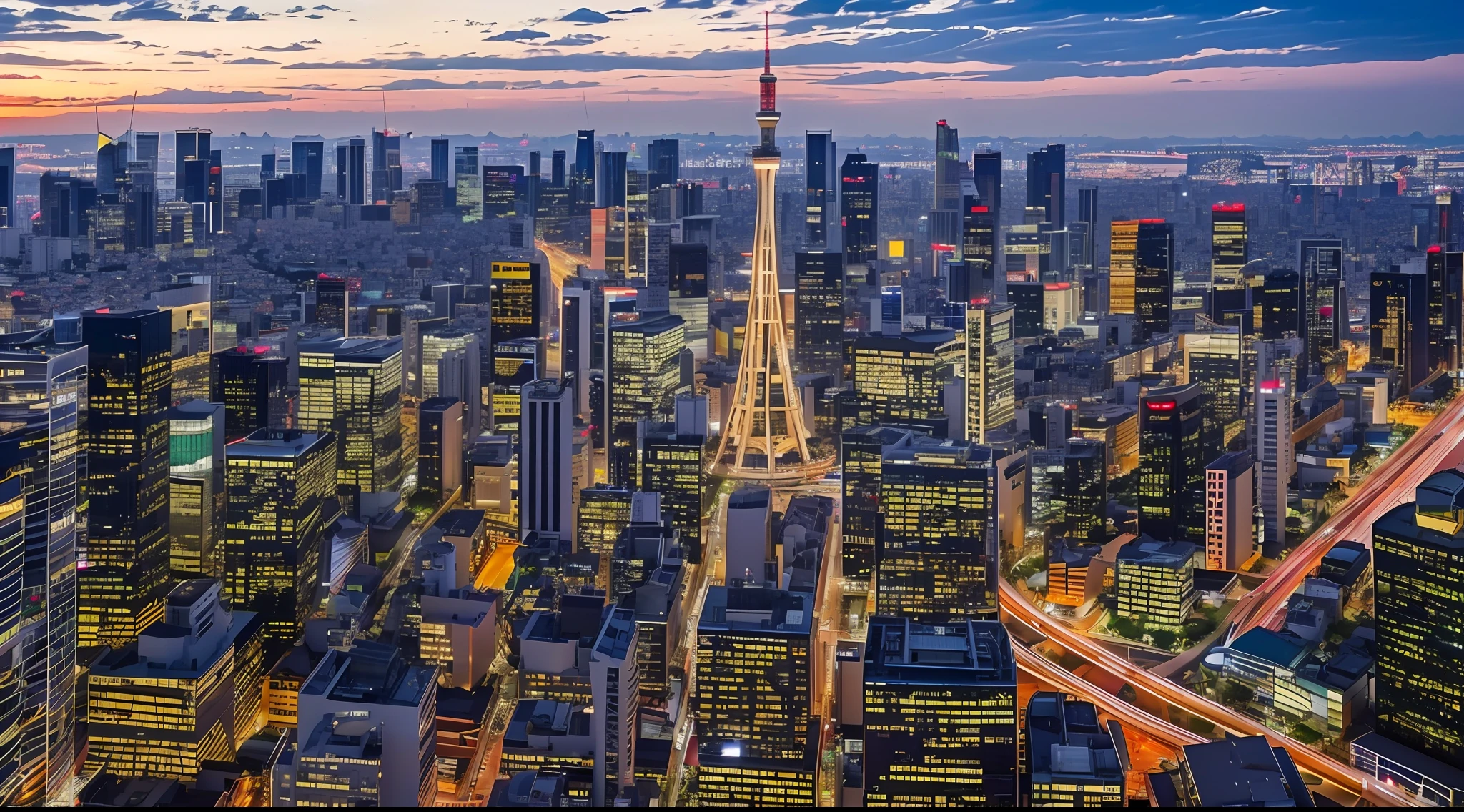 Aerial view, countless cityscapes in harmony with the lush cityscape, contemporary Japan cityscape (vivid, photorealistic, realistic, dramatic, dark, sharp focus, 8K), ultra-detailed depiction, sunset, sky tree, buildings of various shapes, non-building buildings