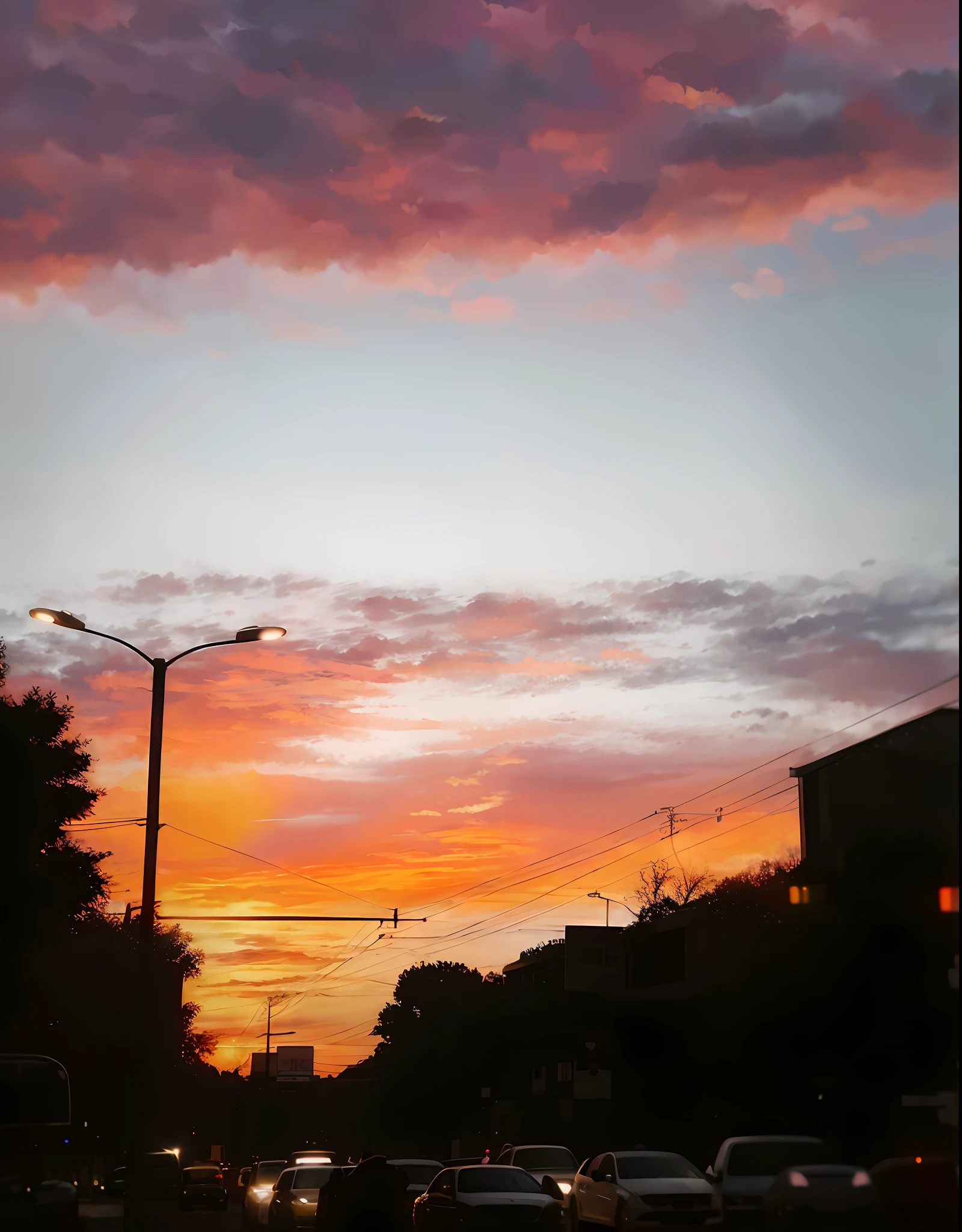 cars are driving down a street at sunset with a pink sky, orange / pink sky, orange and red sky, sunset sky, sunset in the background, sunset ligthing, with vibrant sky, real sunset, beautiful sunrise, the most beautiful sunset, colorful sunset!!, sky setting, orange lit sky, sky is orangish outside, beautiful dusk, orange sky