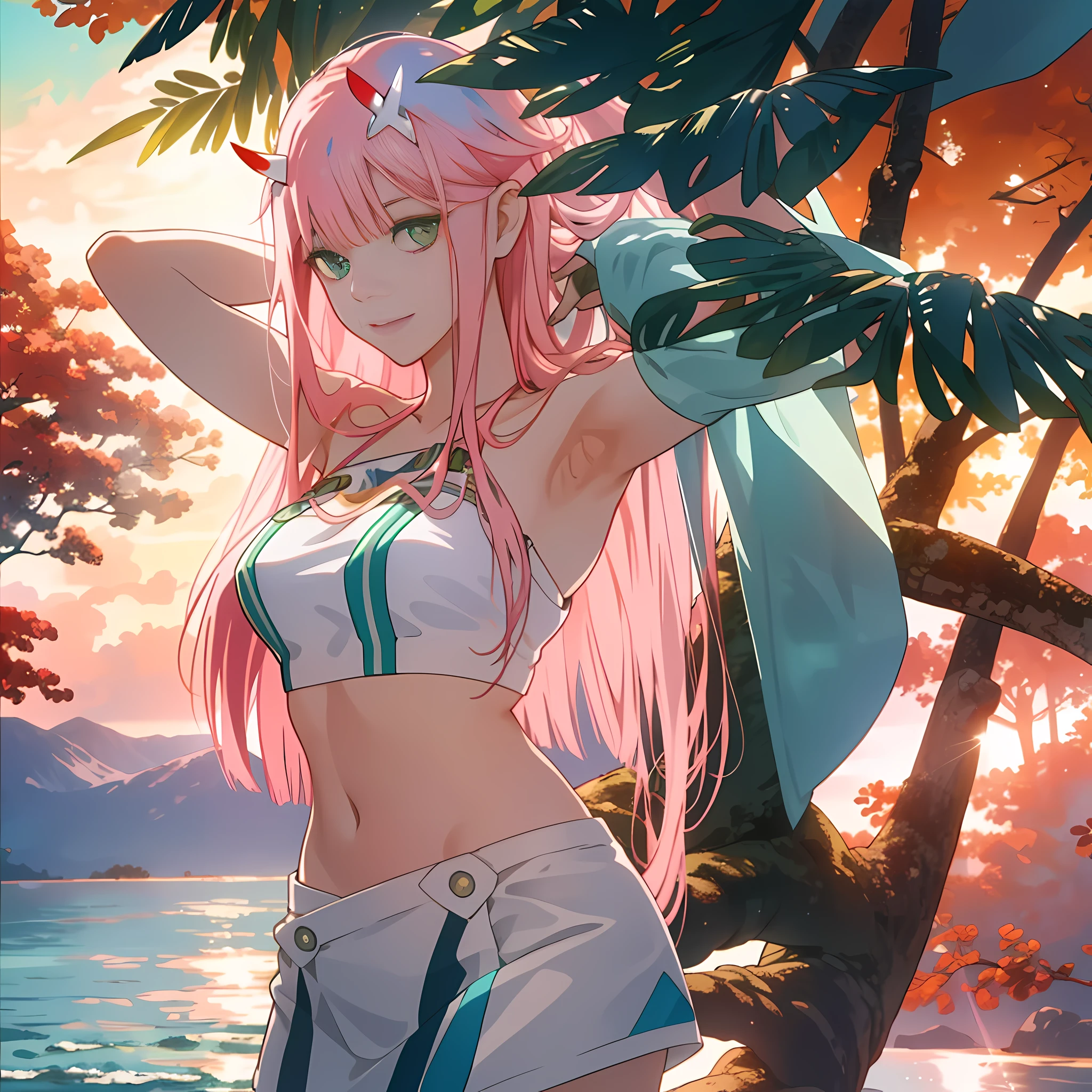 masterpiece, best quality, 1girl, looking at viewer, cute, bikini, seascape, medium breasts, green eyes, zero two \(darling in the franxx\), pink hair, beautiful detailed eyes, beautiful detailed glow, lots of glow, arms behind head, embarrassed, (cowboy shot:1.4),spread armpit