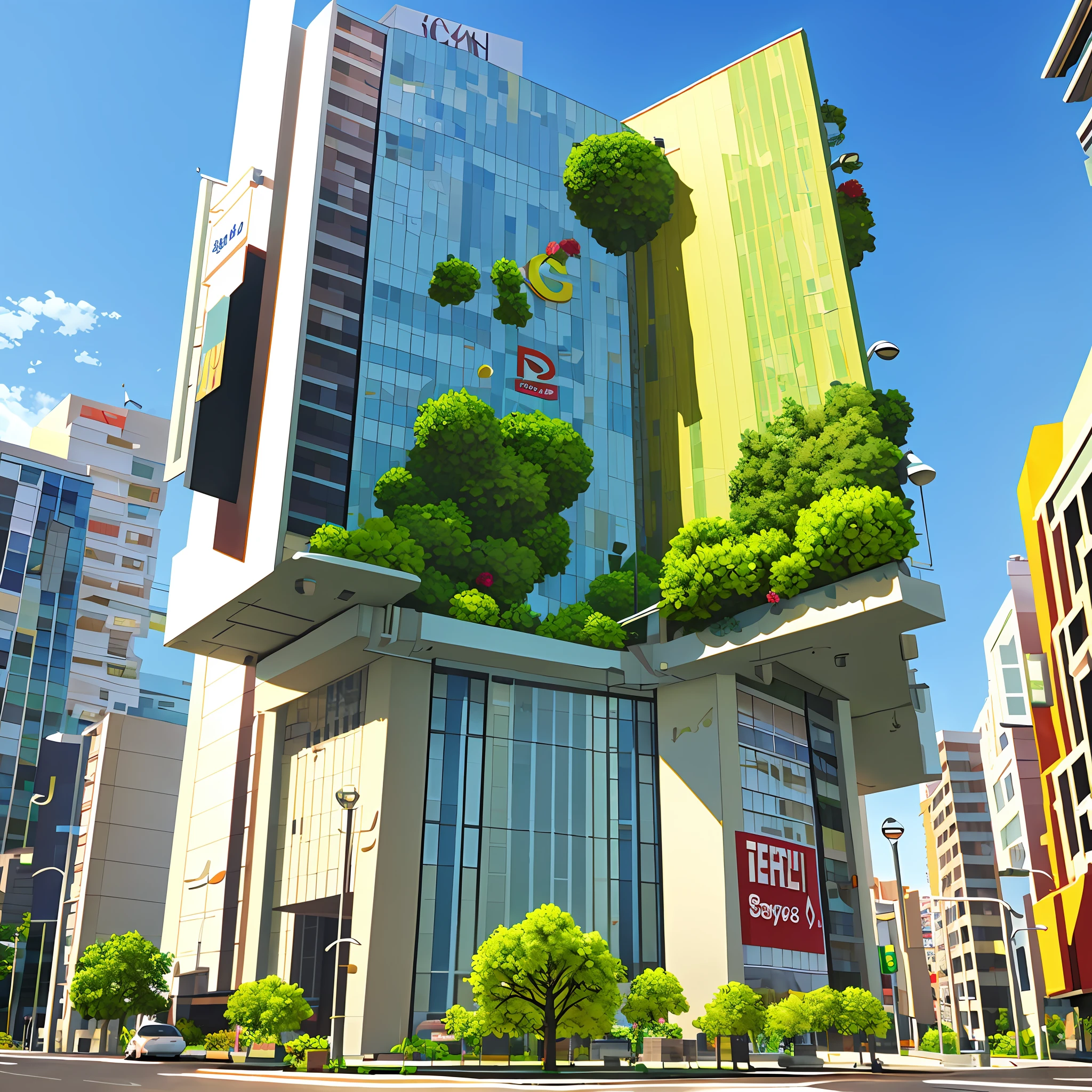 masterpiece), best quality, modern style, restaurant, trees, flowers, super simple design, (3D), oversized billboard,