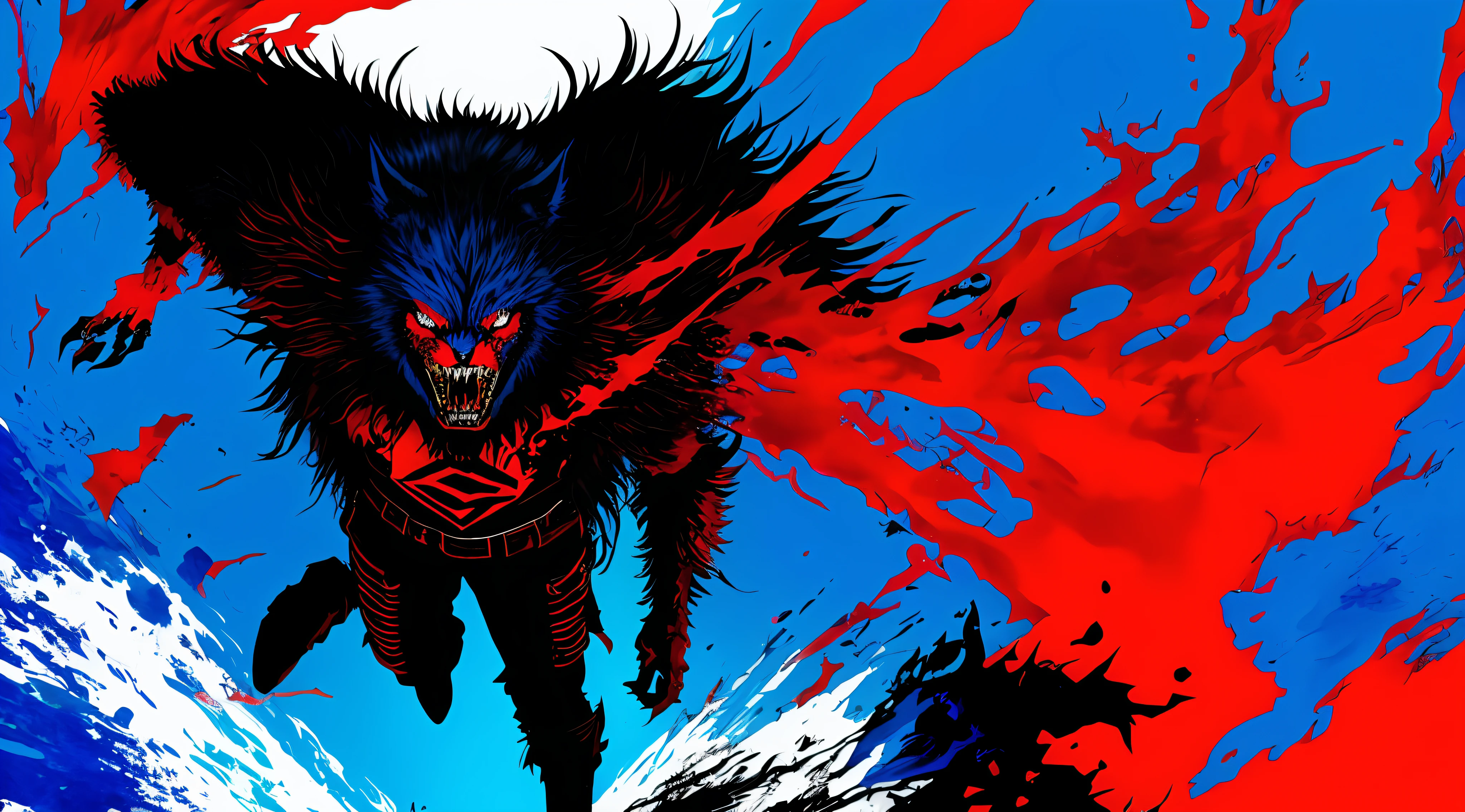 blue, red and black, a full body berserk werewolf, solo, in the style of Mork Borg, strong contrast, grunge dirty punk splash art, black metal zine