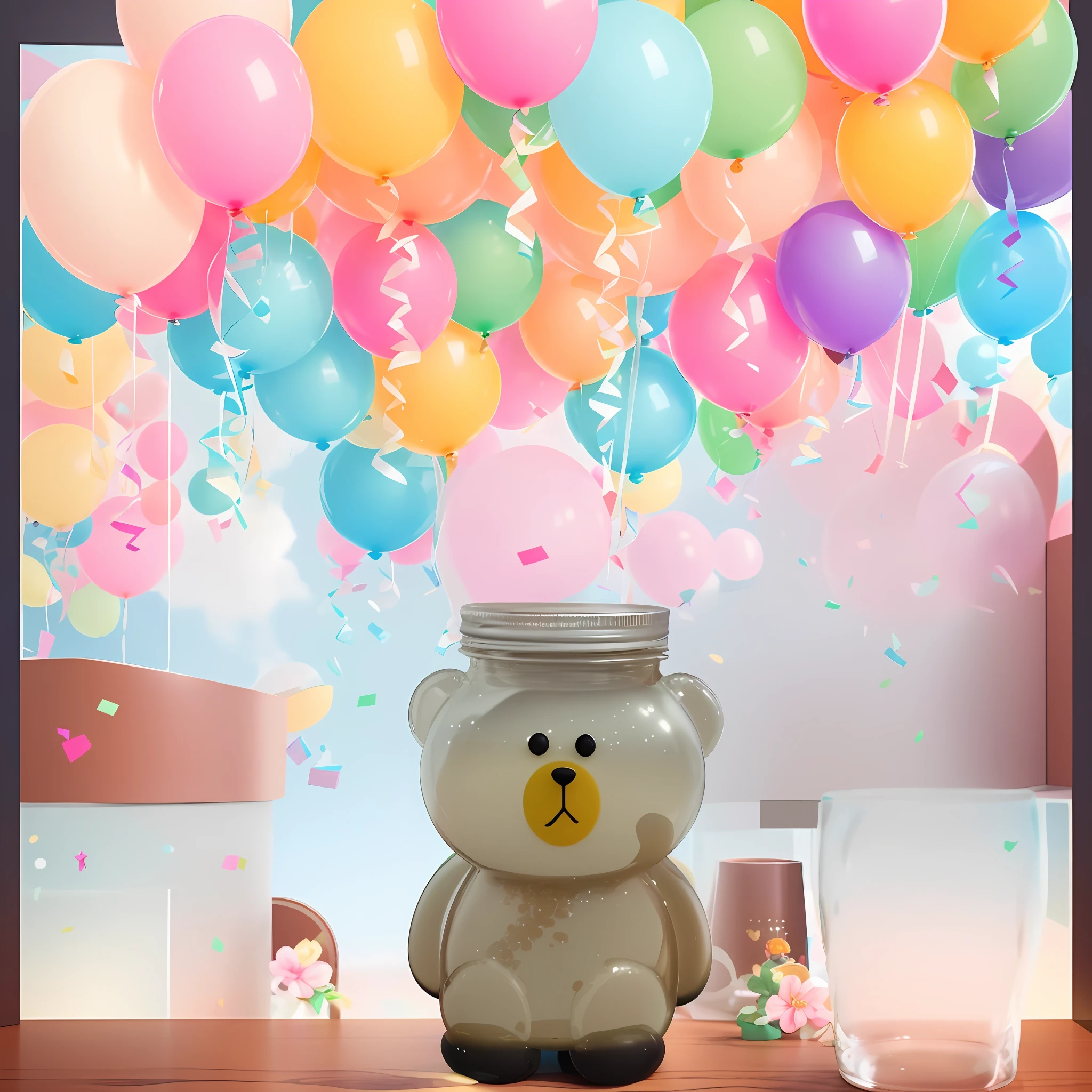 There is a bear shaped cup sitting in a jar with brown sugar pearls drinking milk tea inside the tube, balloons in the background, inspired by Jeff Koons, balloons, happy birthday, birthday, cute 3 D rendering, relaxed celebration, happy !!!, warm joyful atmosphere, celebration, happy mood, happy atmosphere, party balloon with 3 D rendering, with 3d rendering, oh yes, inspired by Peter Alexander Hay